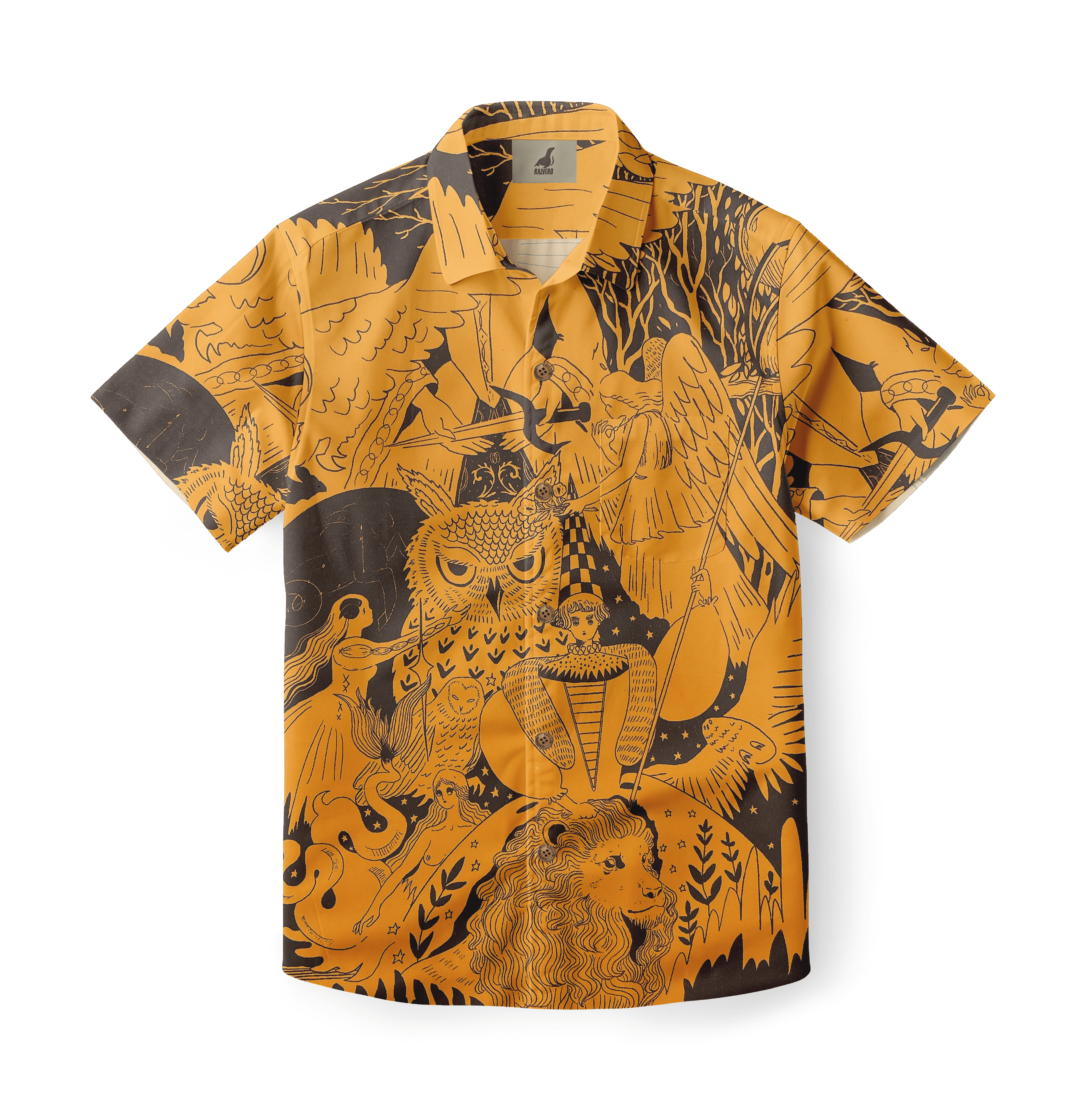 A mustard yellow and black patterned short-sleeve shirt featuring.