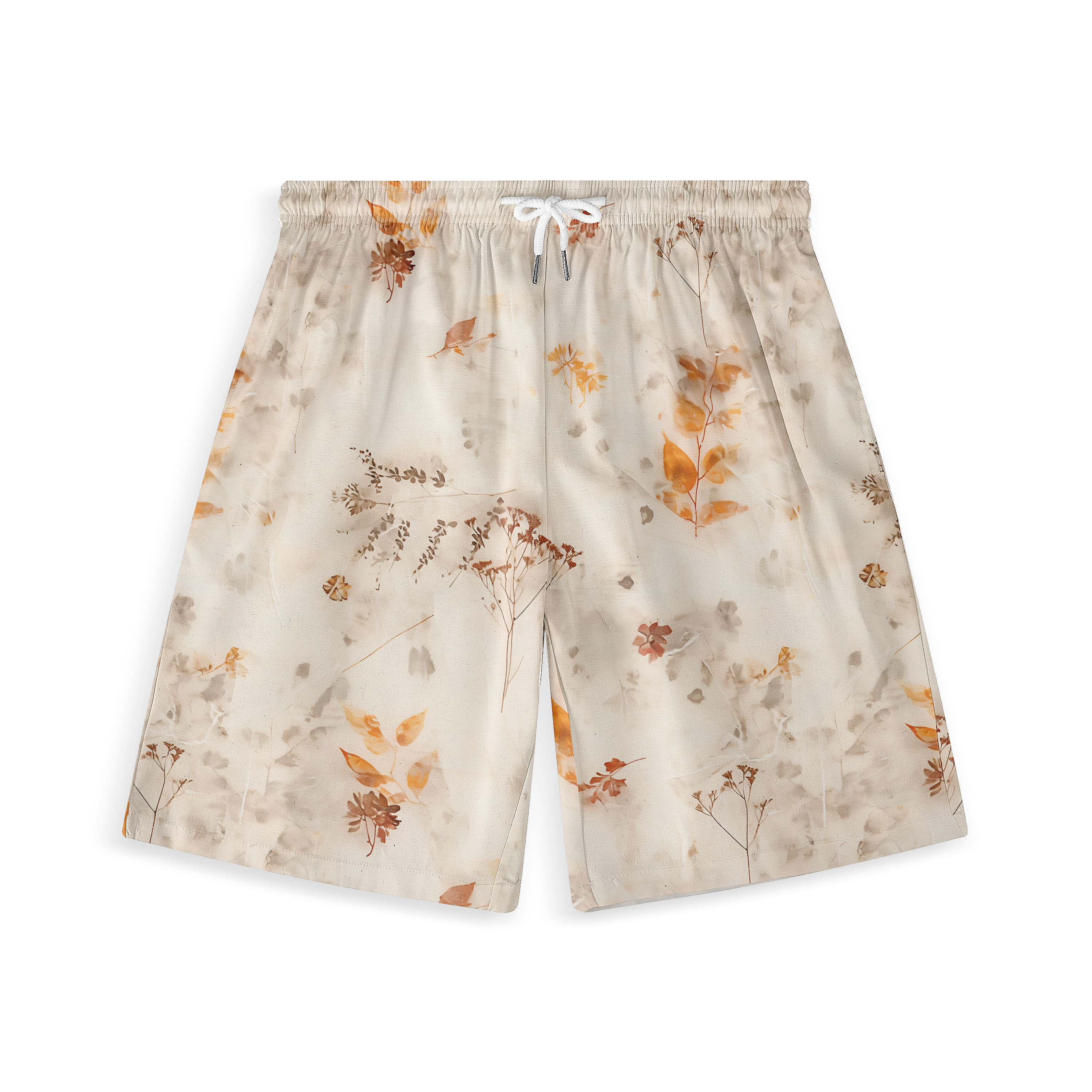 Beige shorts with autumnal floral print, featuring an elastic.