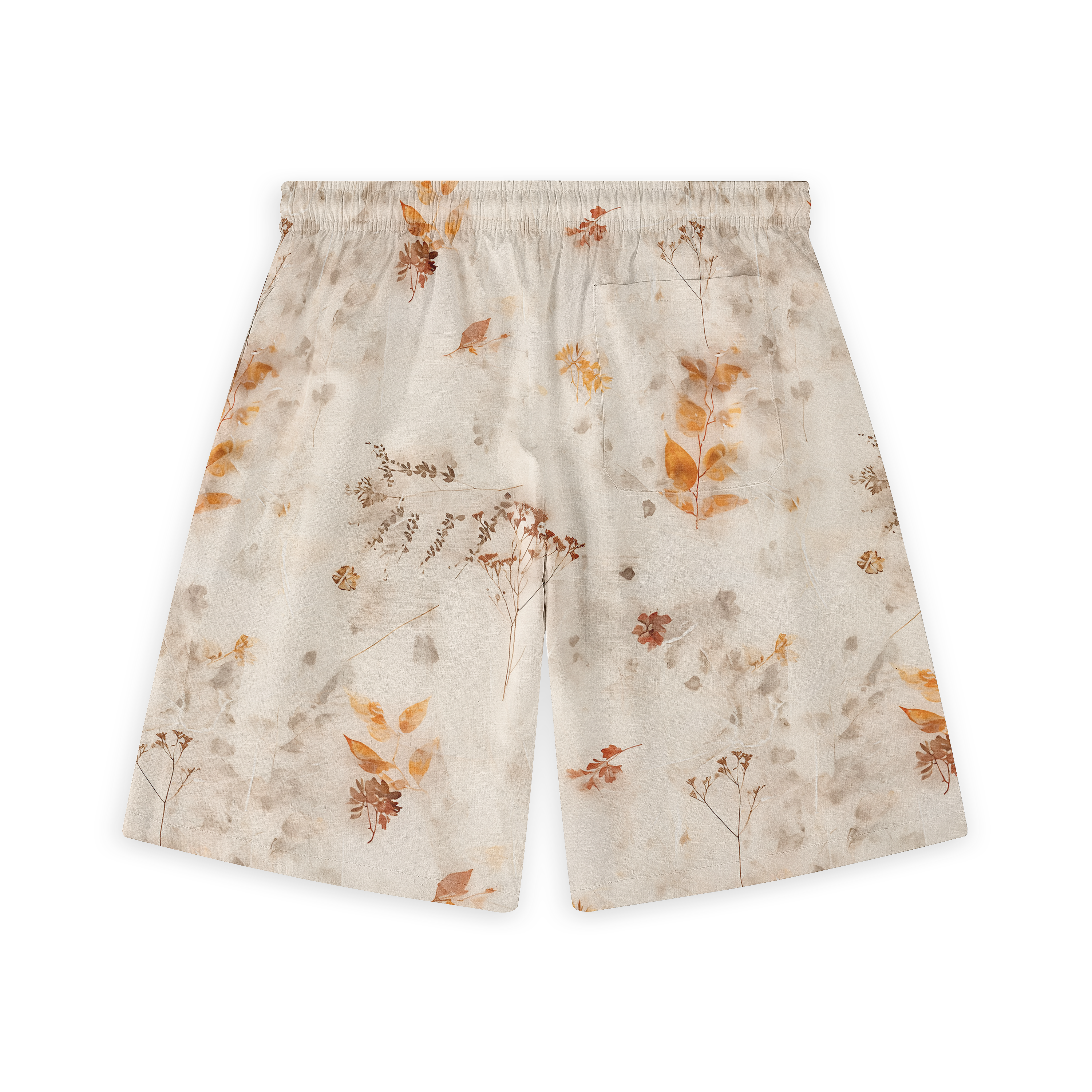 Beige shorts with autumnal floral print, elastic waistband, and back.
