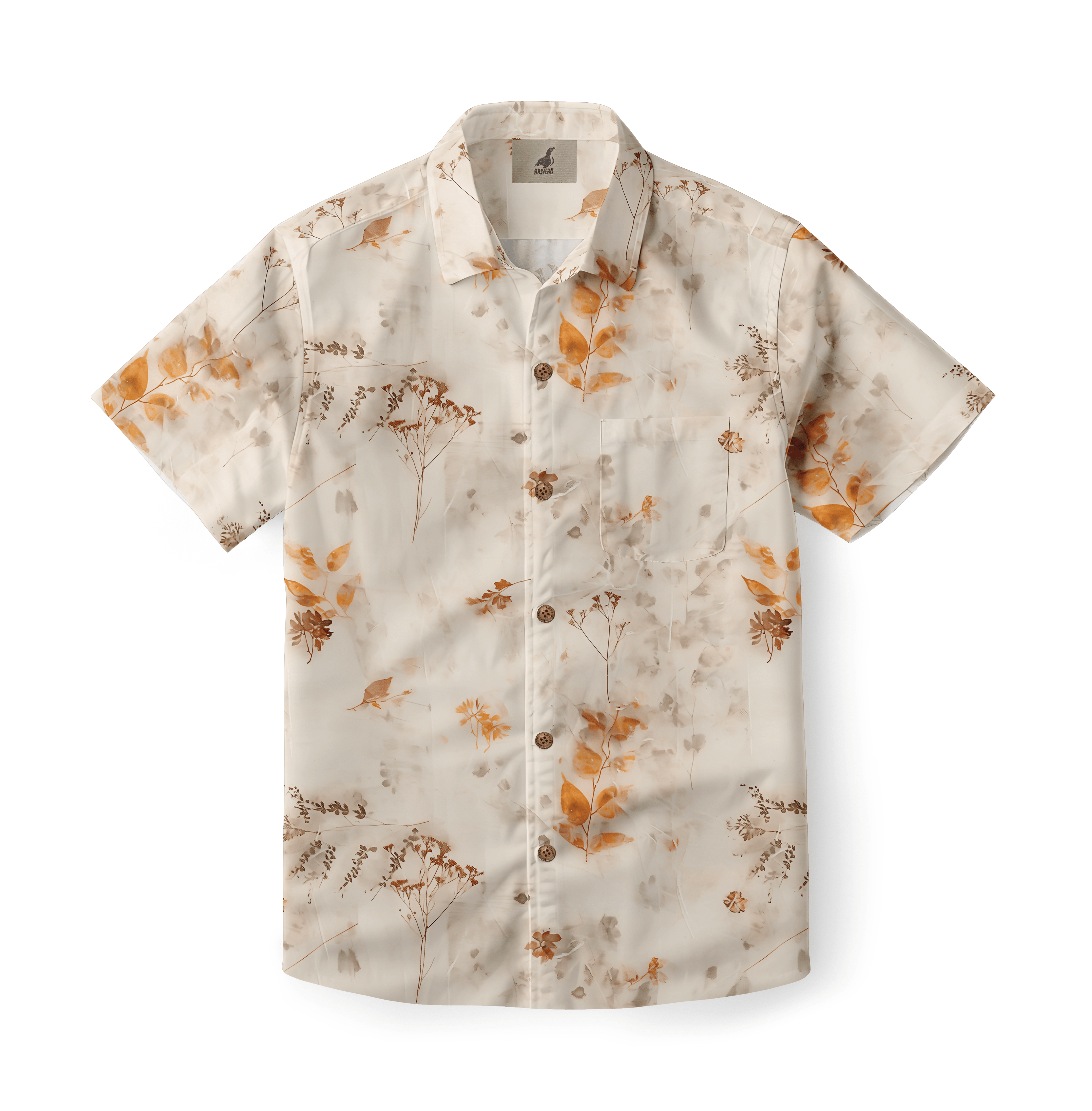 Beige short-sleeve shirt with orange floral pattern.