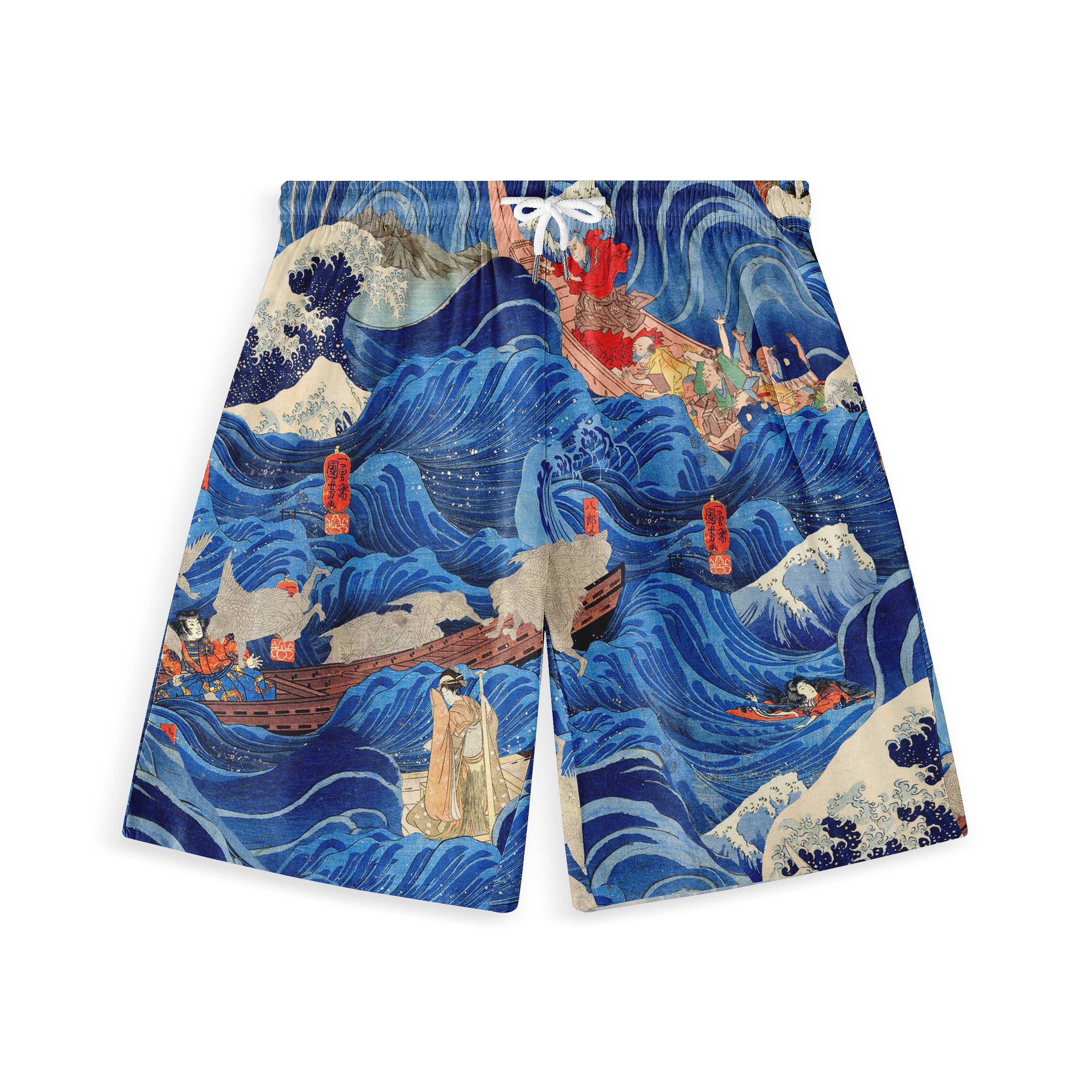 Blue wave-patterned shorts featuring traditional Japanese art, boats.