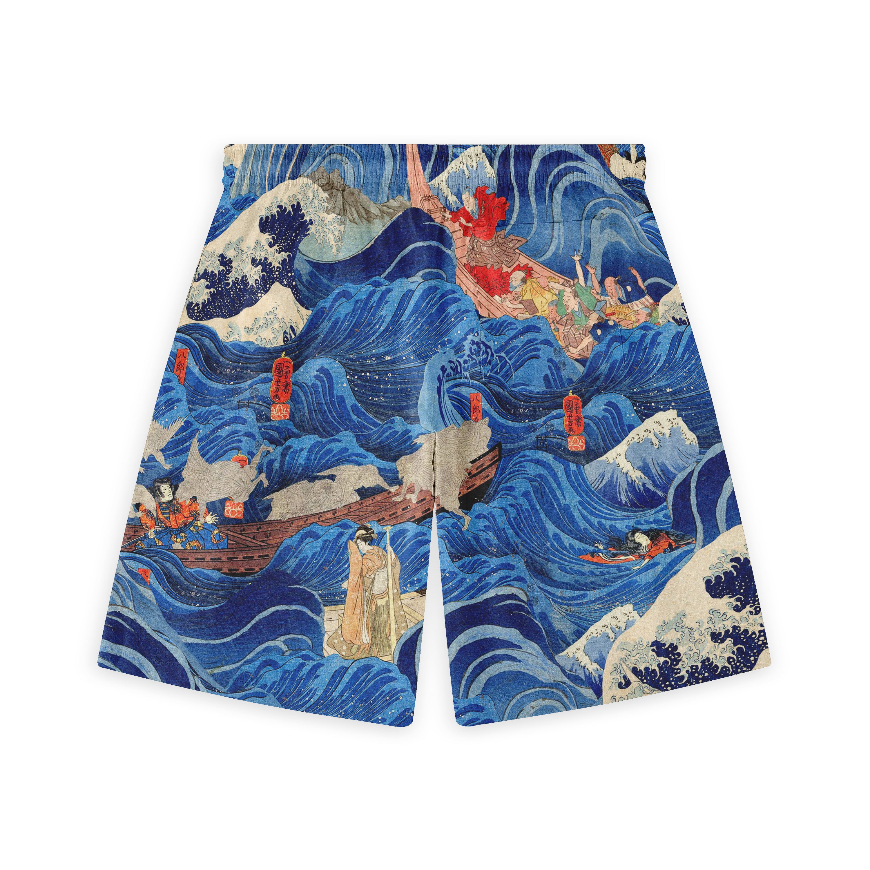 Blue wave-patterned shorts featuring traditional Japanese art with.