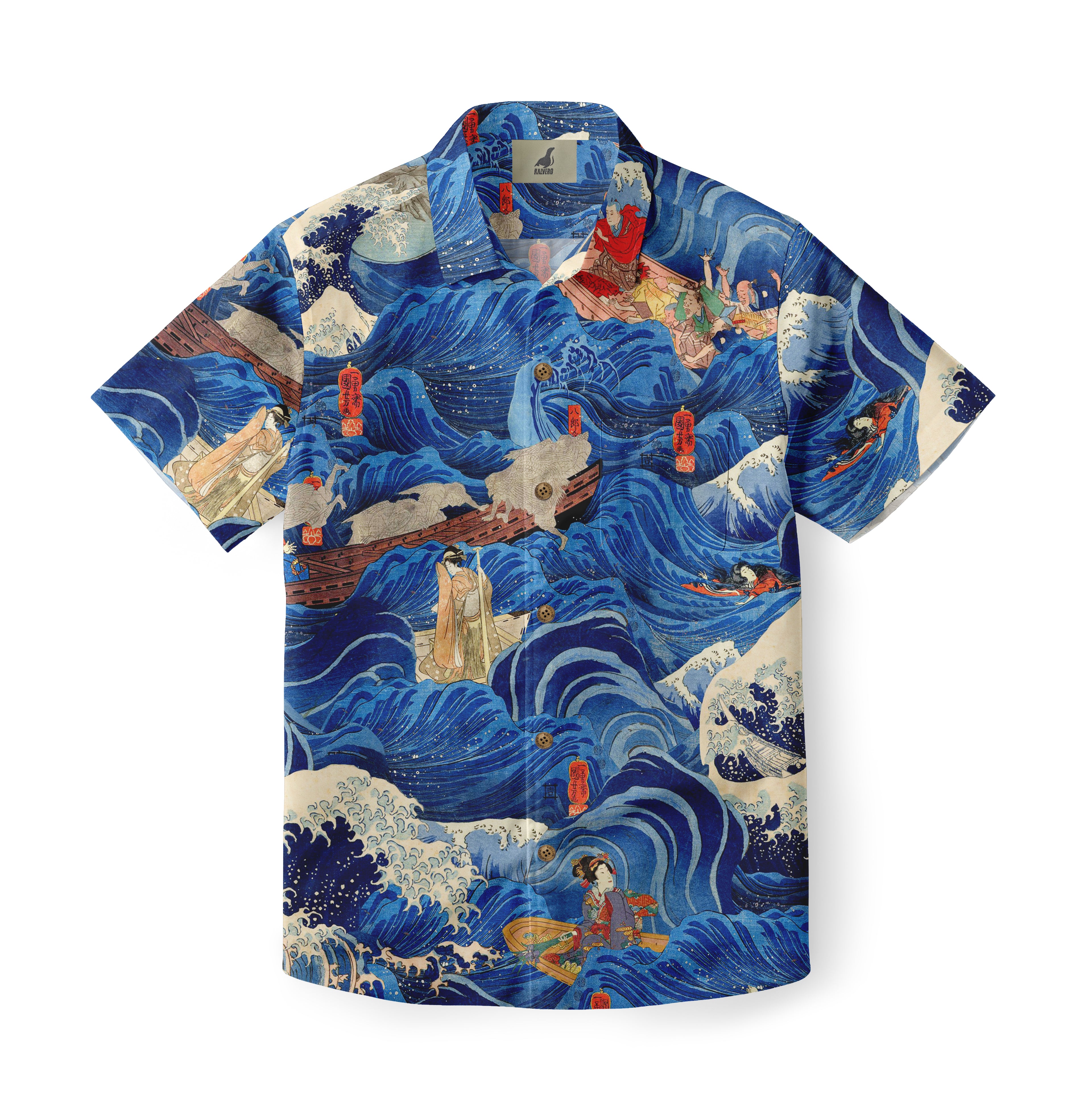 A vibrant Hawaiian shirt featuring a dynamic wave pattern with.