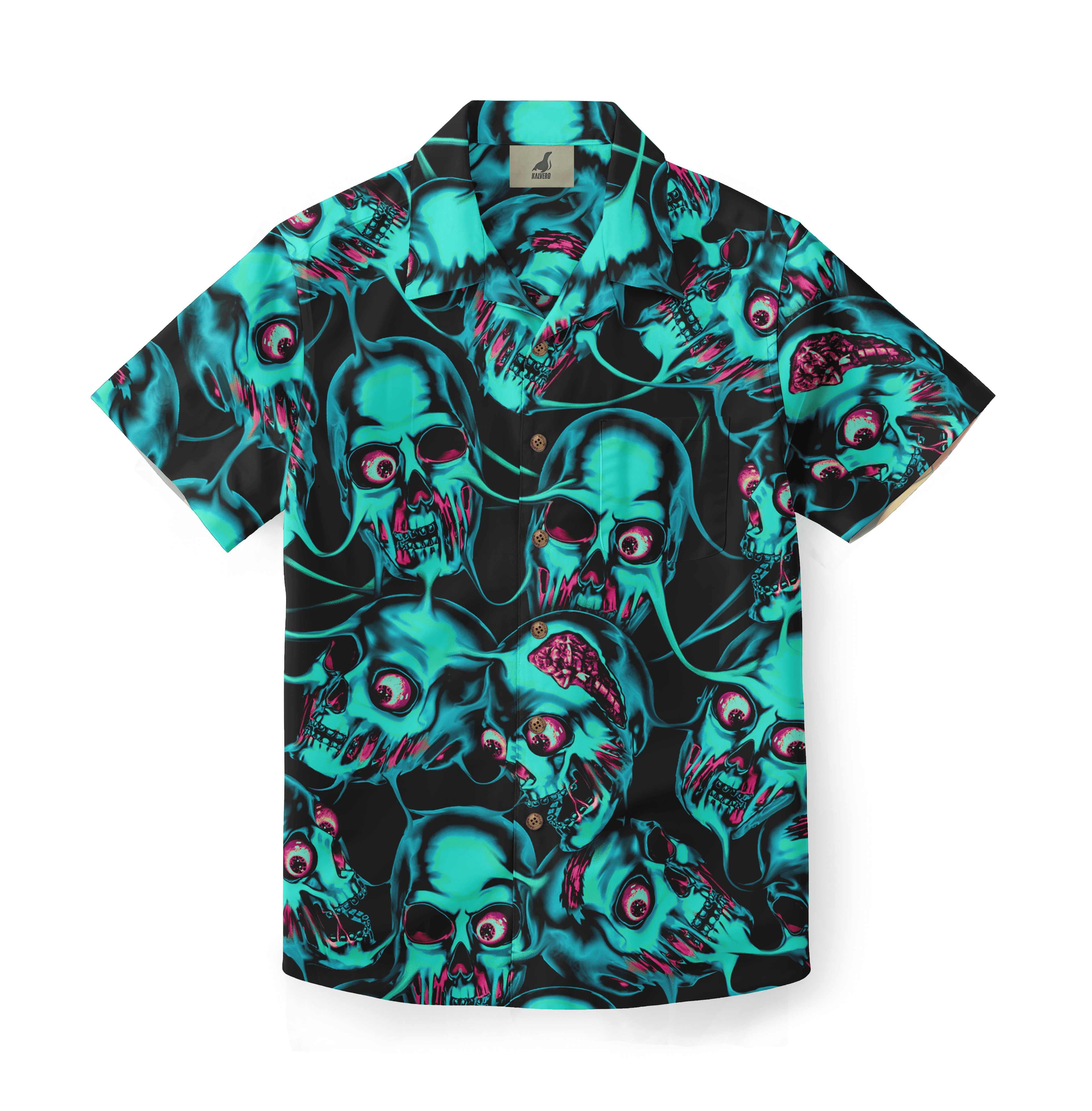 Black shirt with vibrant teal and pink skull pattern, short sleeves.