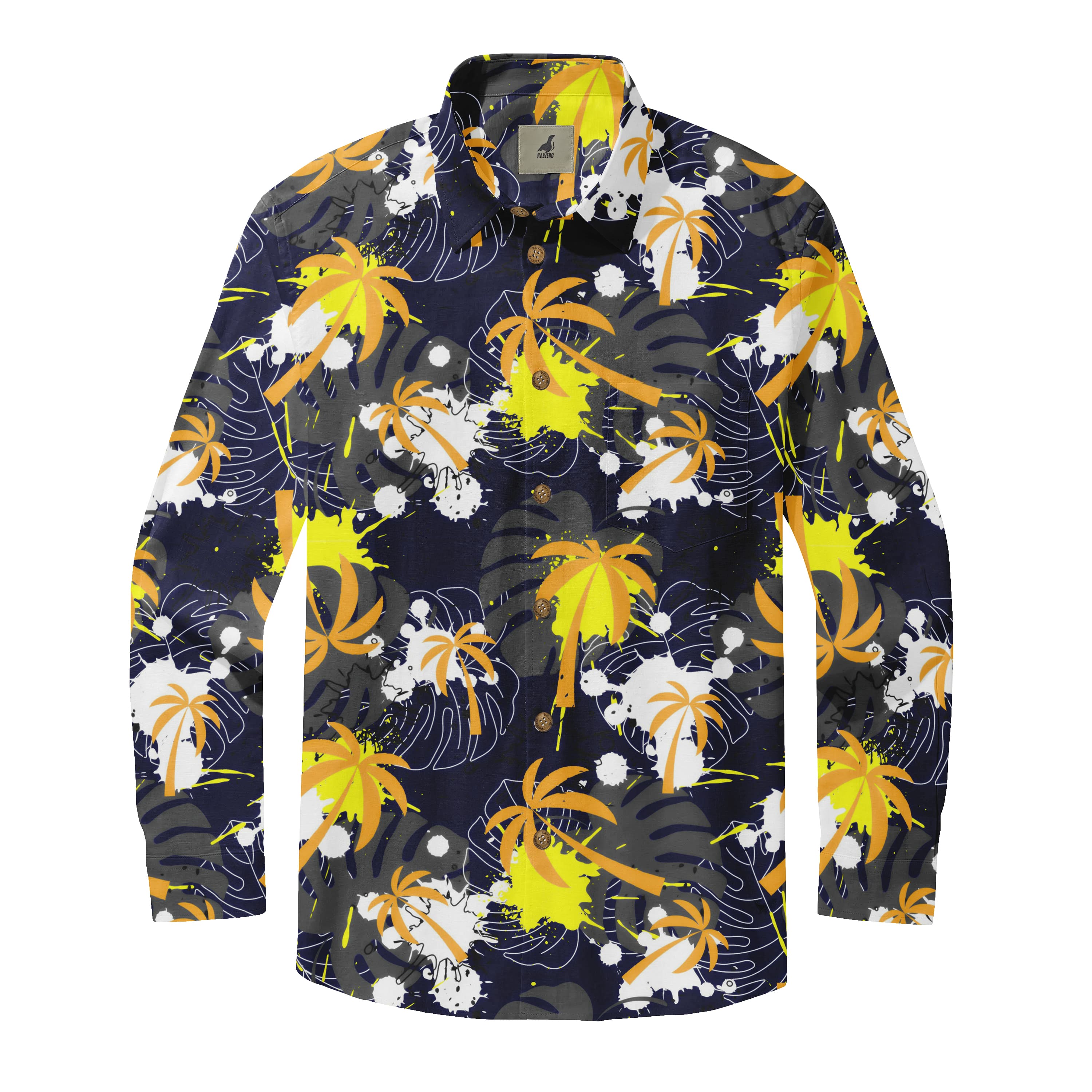Navy Tropical Palm Long Sleeve Hawaiian Shirt