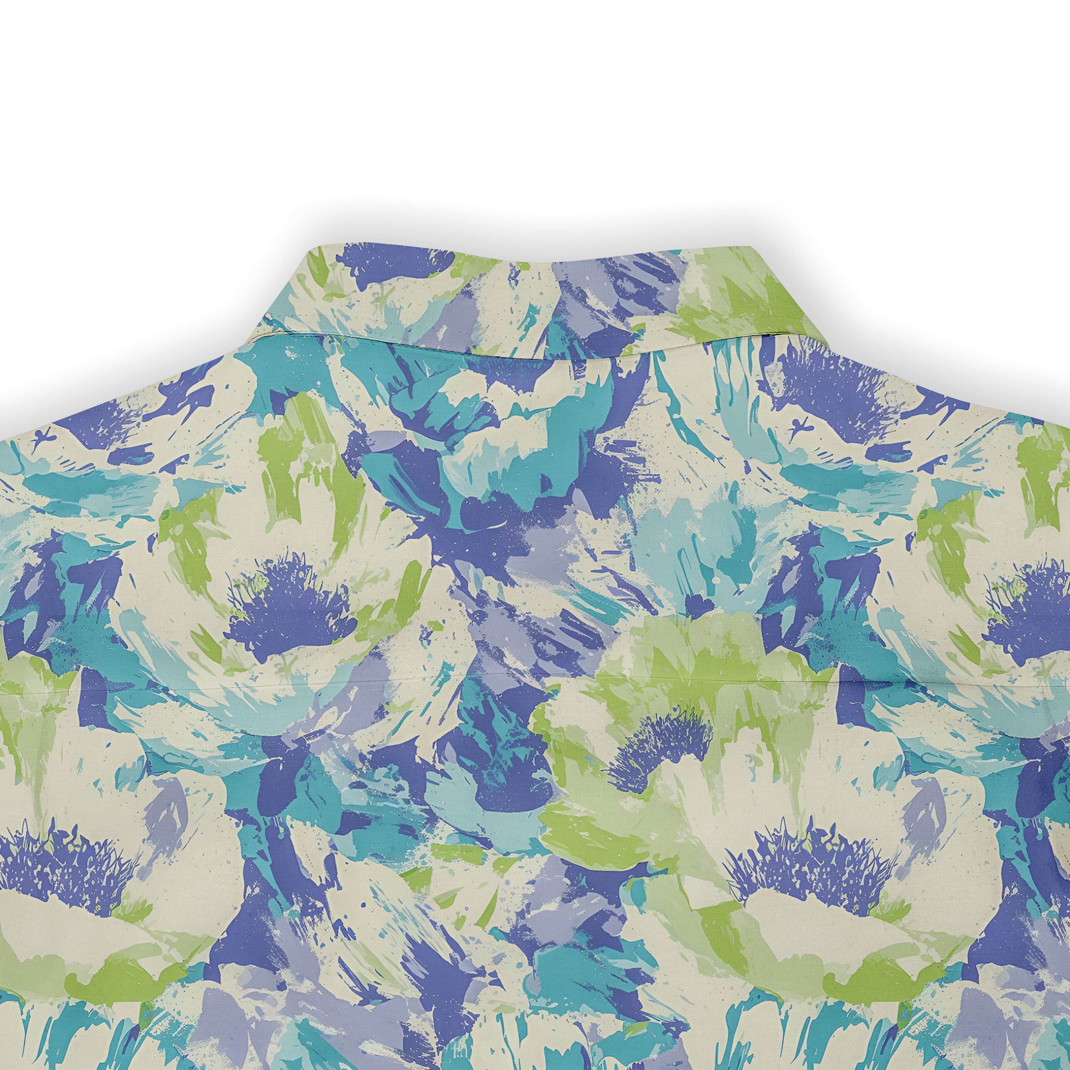 Colorful floral shirt with blue, green, and white abstract pattern.