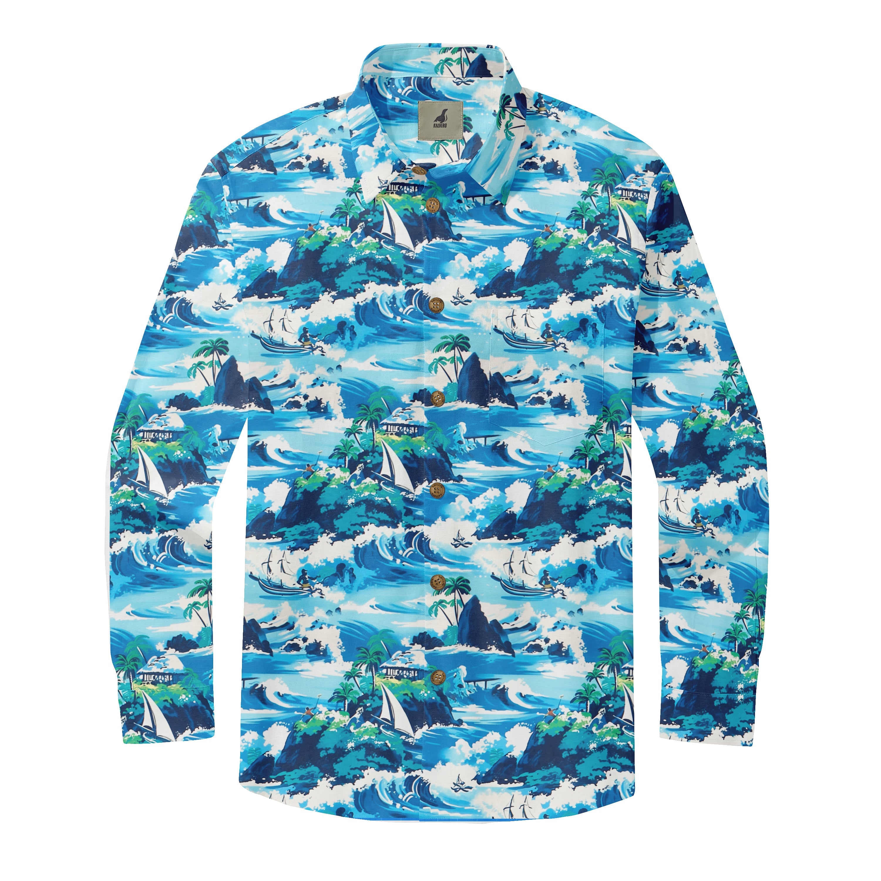 Vibrant blue long-sleeve shirt with tropical island, waves.