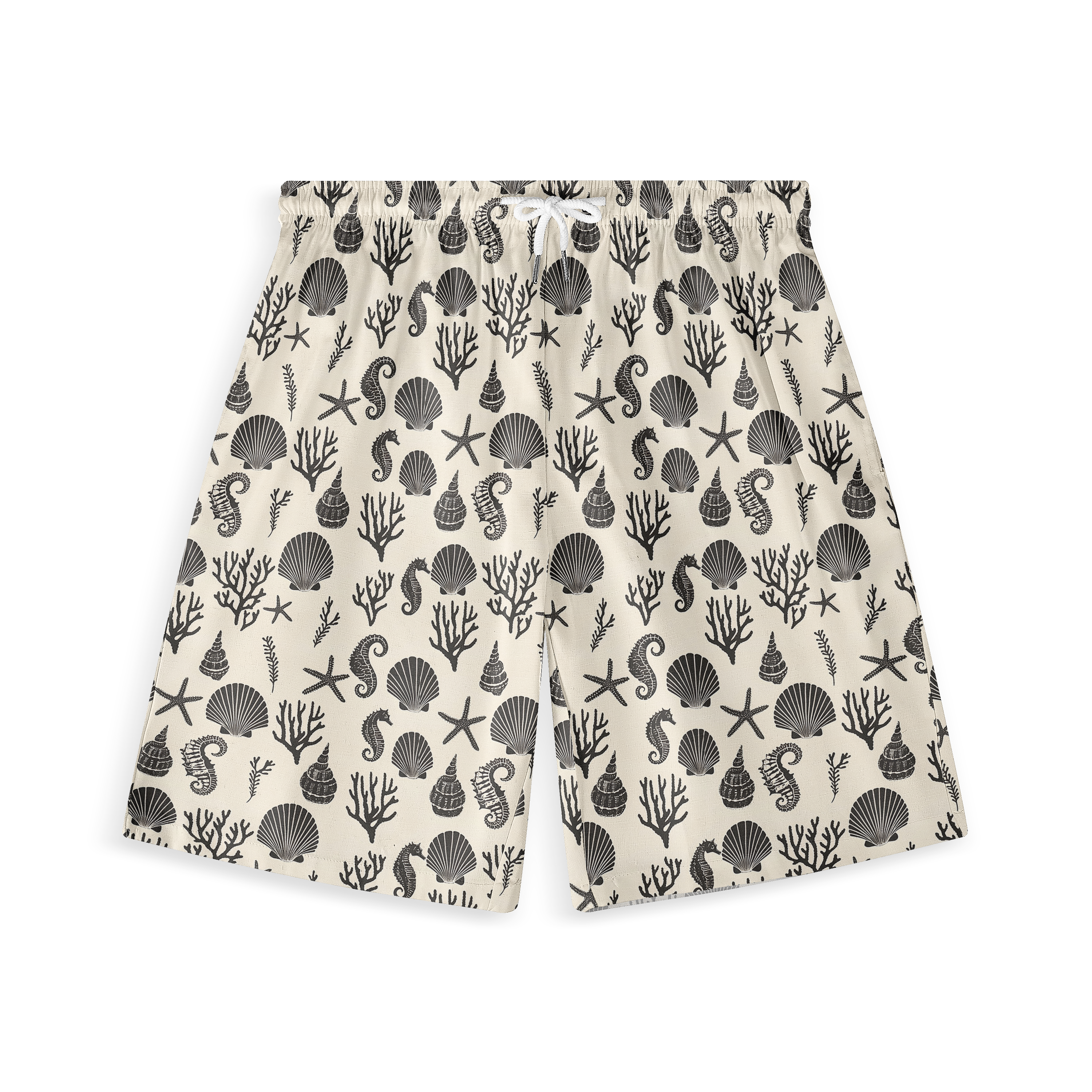 Cream swim shorts with black sea-themed print including shells.