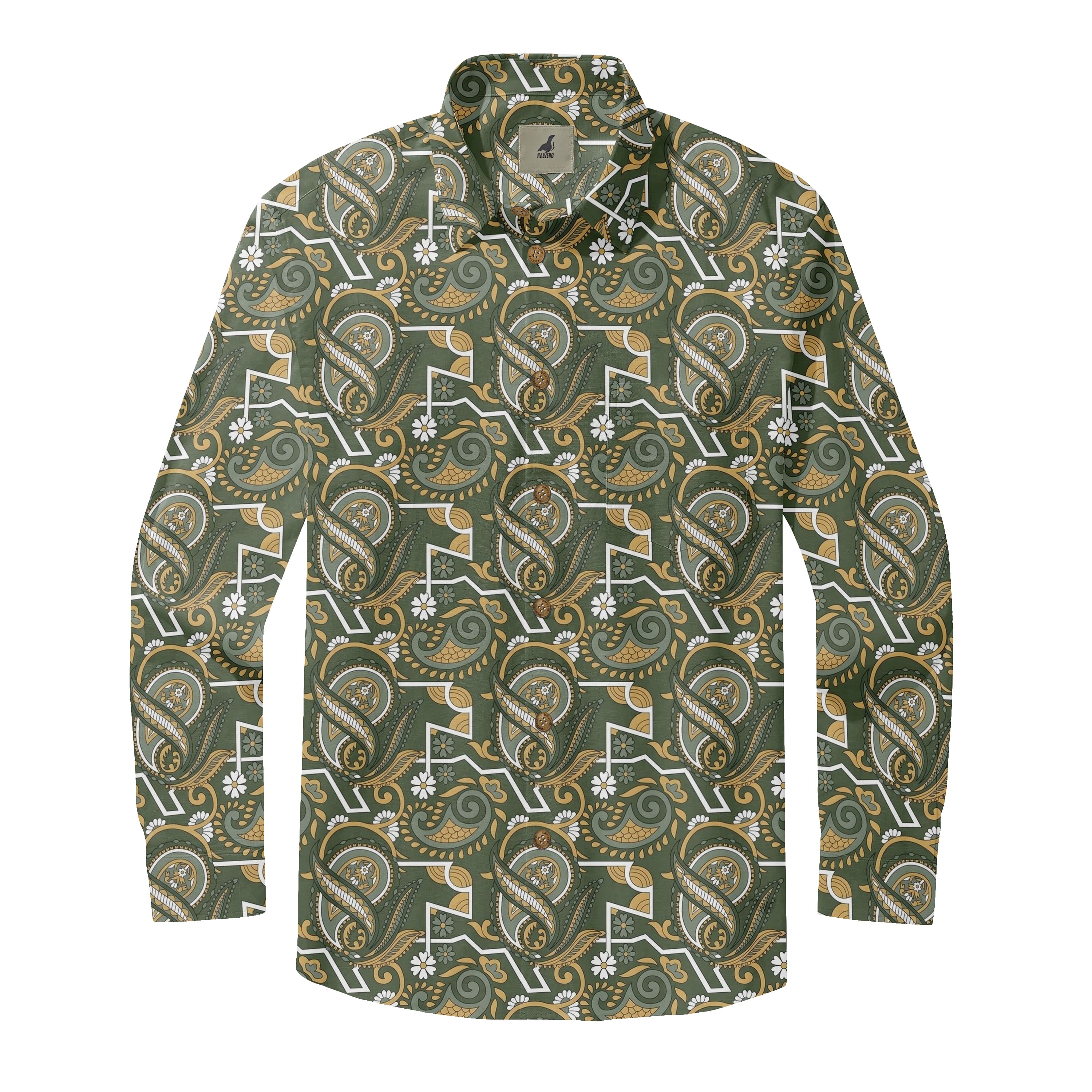 Olive Green Paisley Long Sleeve Hawaiian Shirt