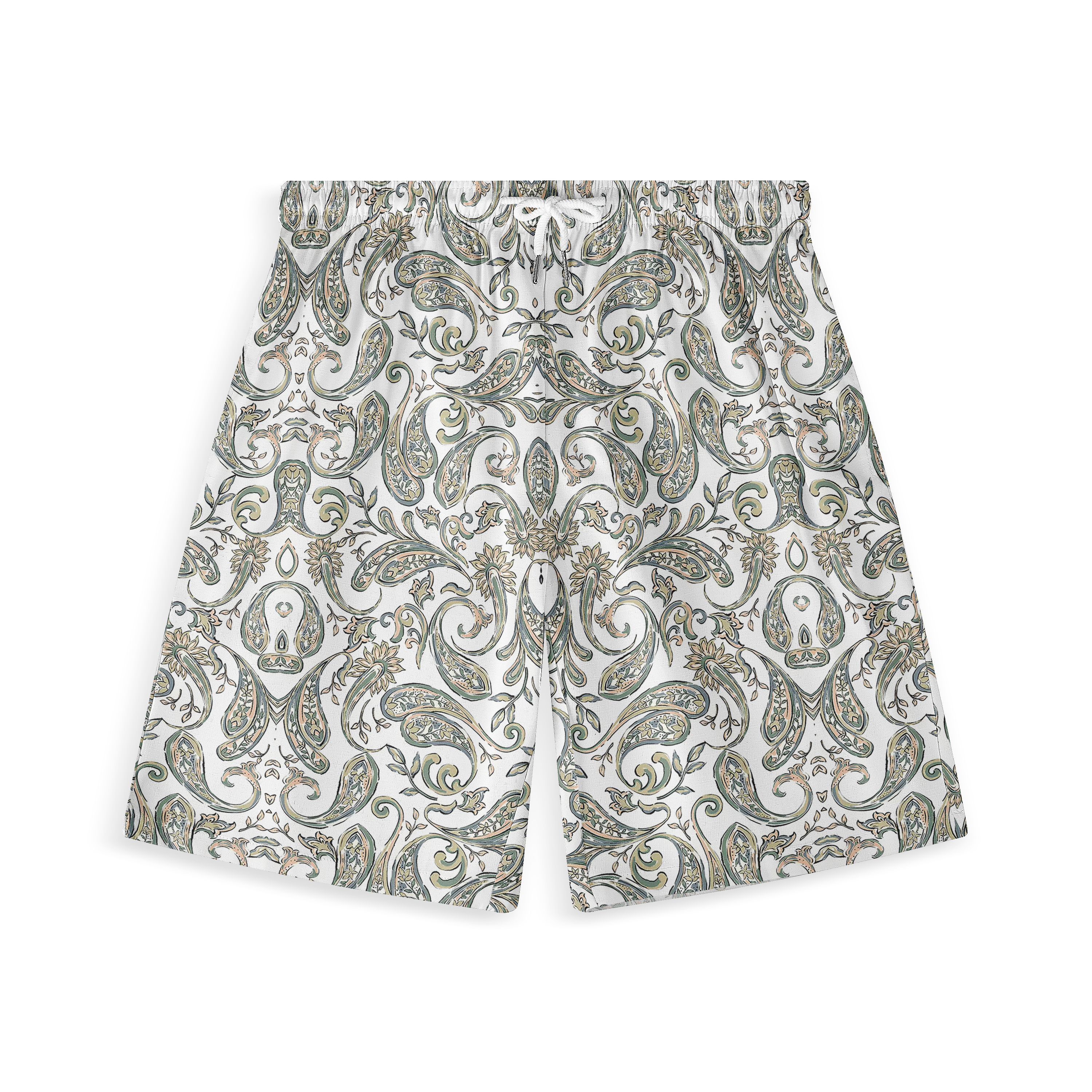 White shorts with intricate paisley pattern in green, blue, and gold.