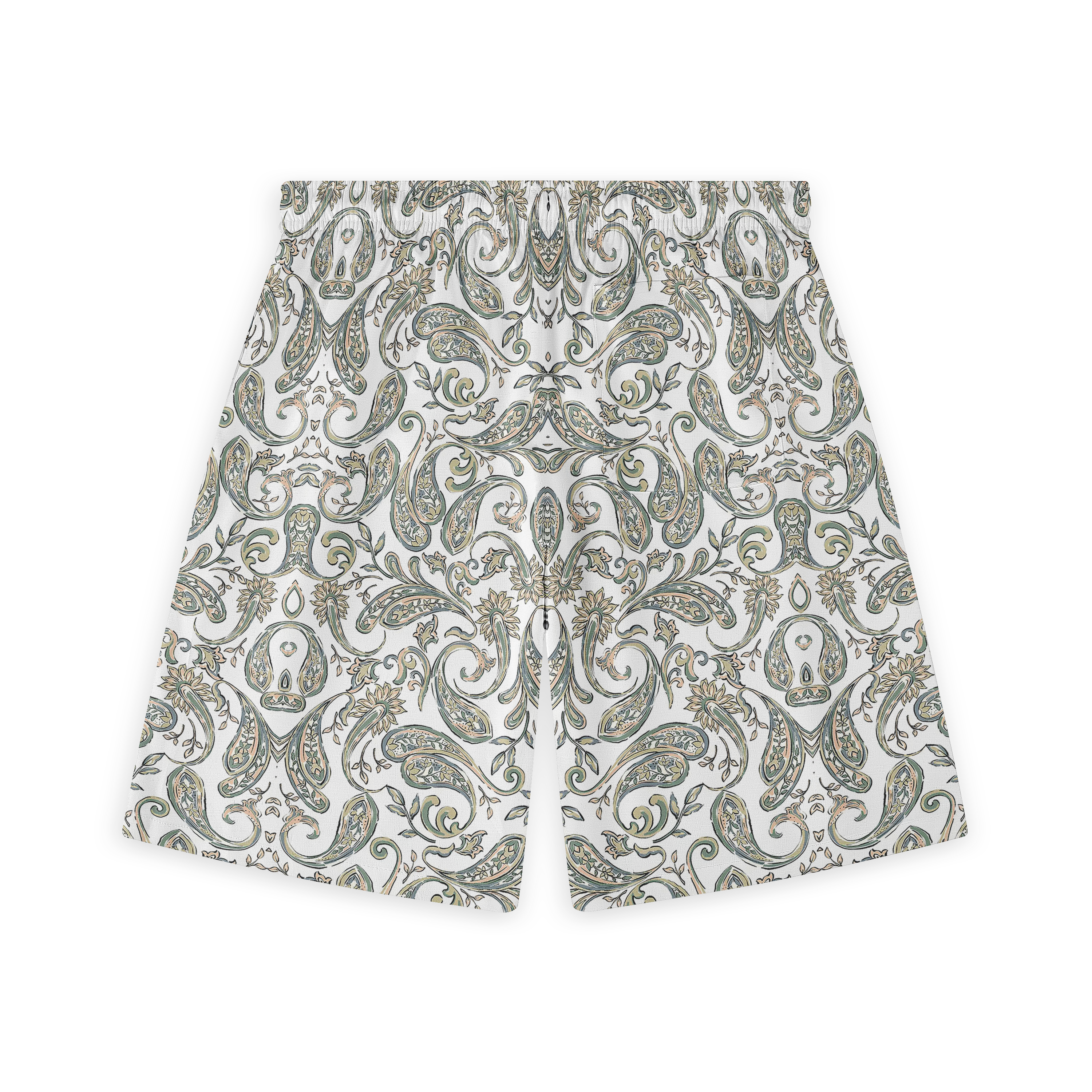 White shorts with intricate paisley pattern in green, blue, and gold.