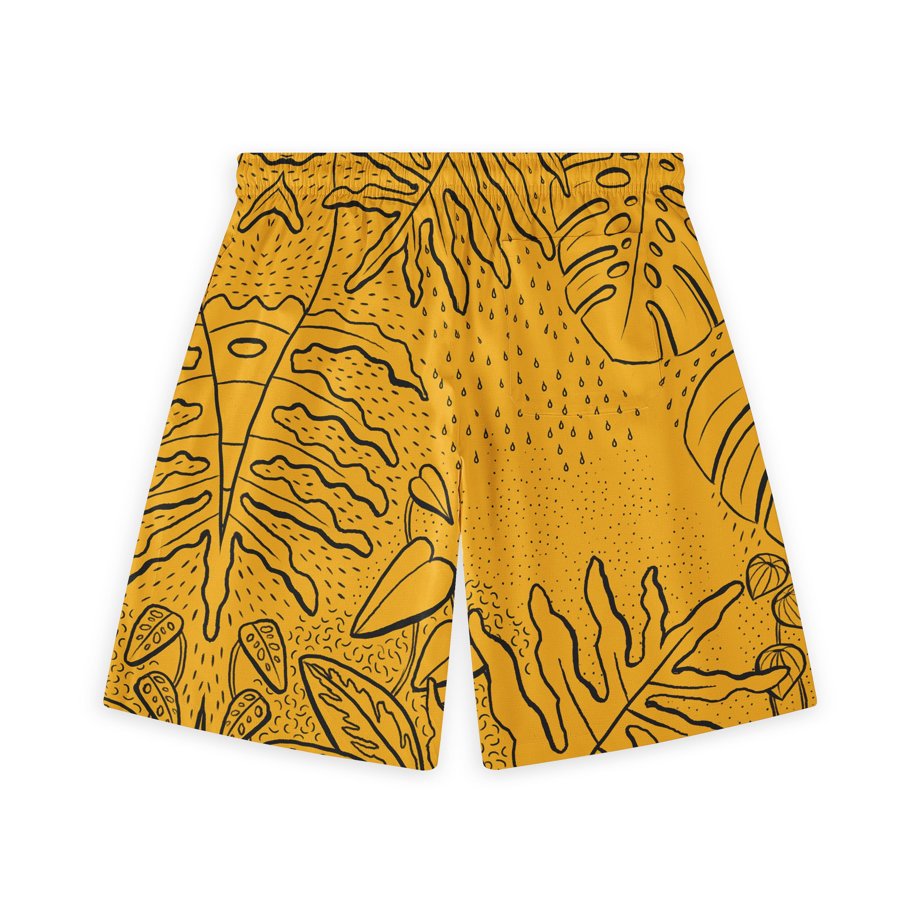 Yellow shorts with black tropical leaf and raindrop pattern.