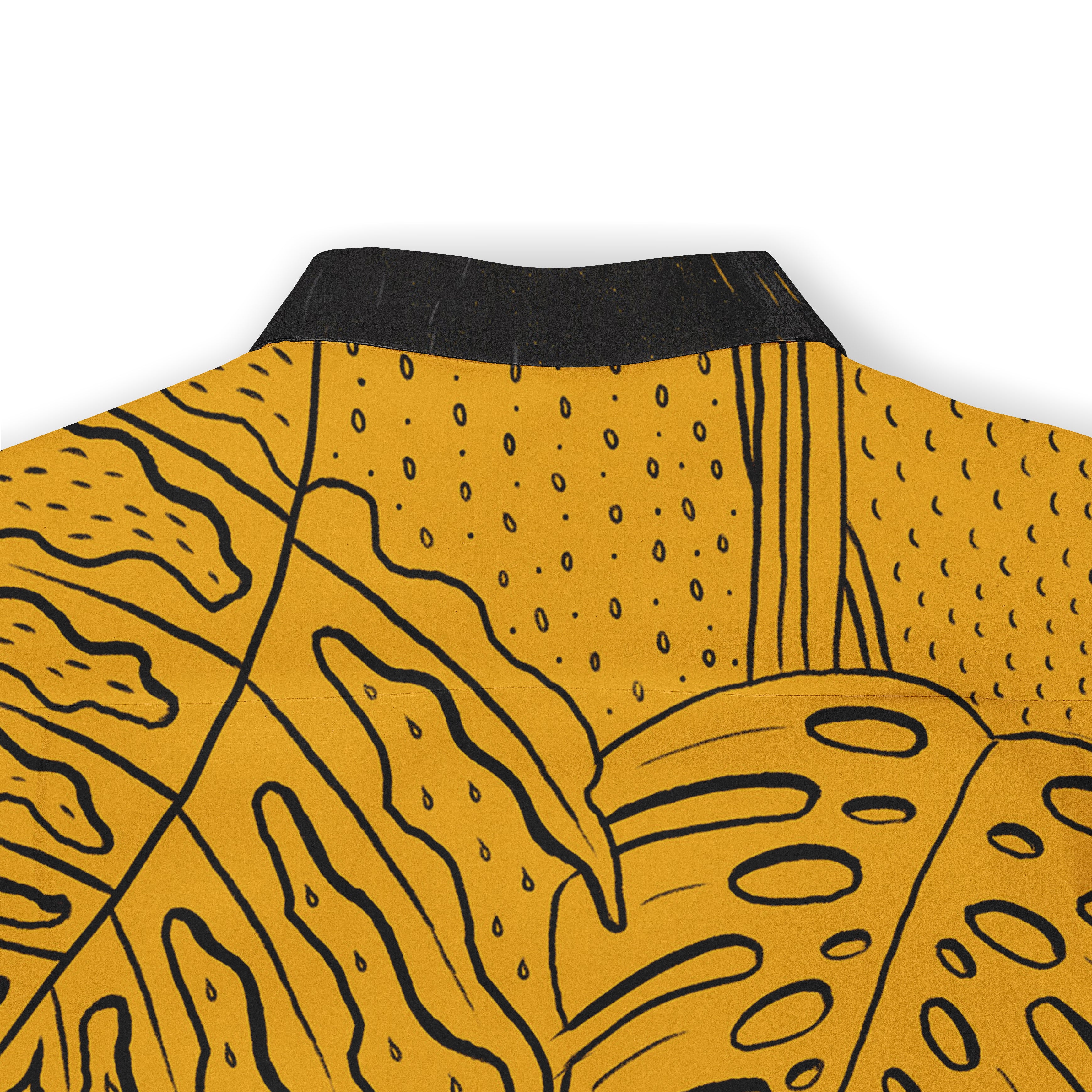 Yellow shirt with black abstract pattern and collar, featuring.