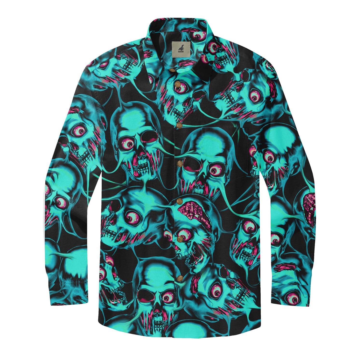 Black shirt with vibrant teal and pink skull pattern, featuring.