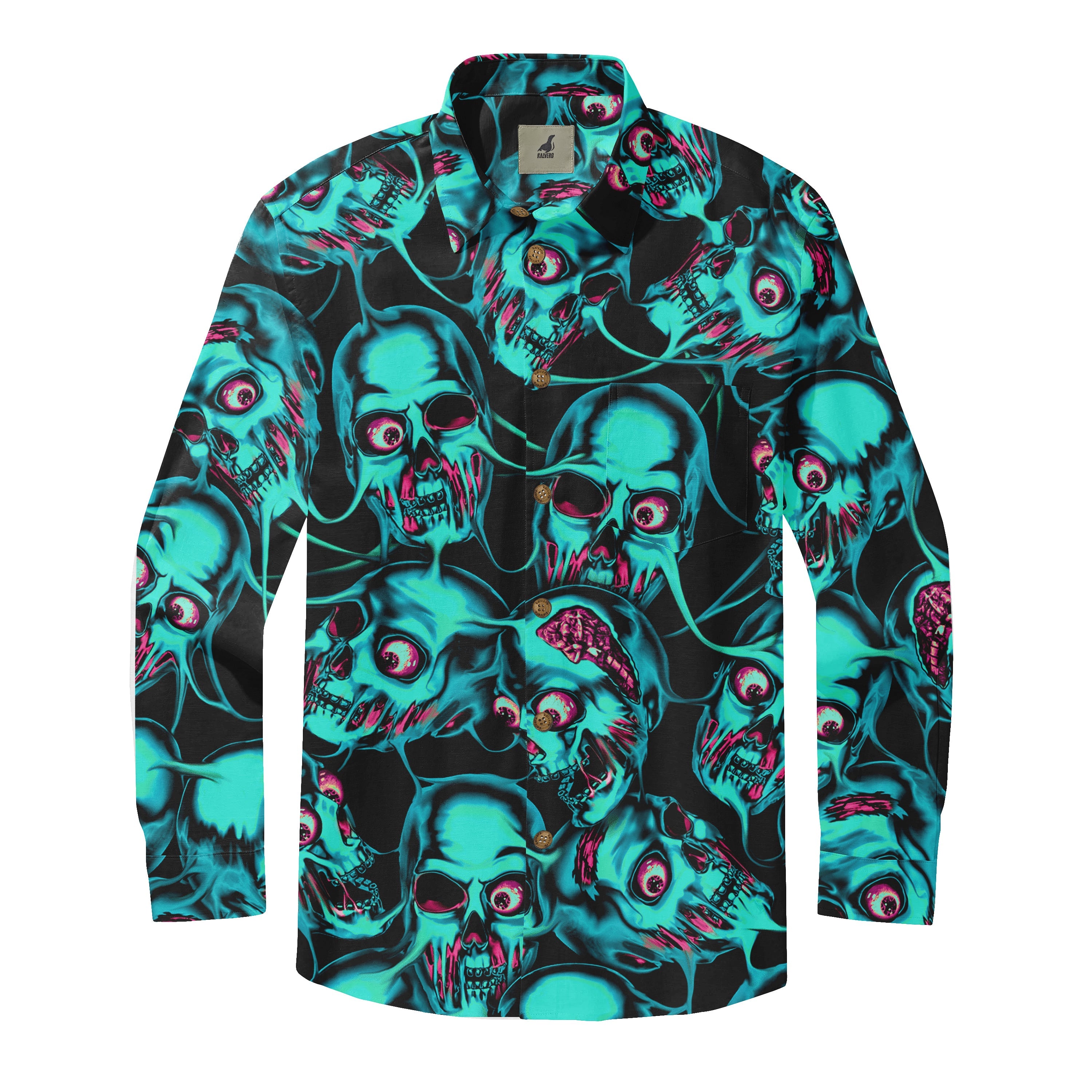 Black shirt with vibrant teal and pink skull pattern, featuring.