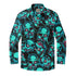 Black shirt with vibrant teal and pink skull pattern, featuring.