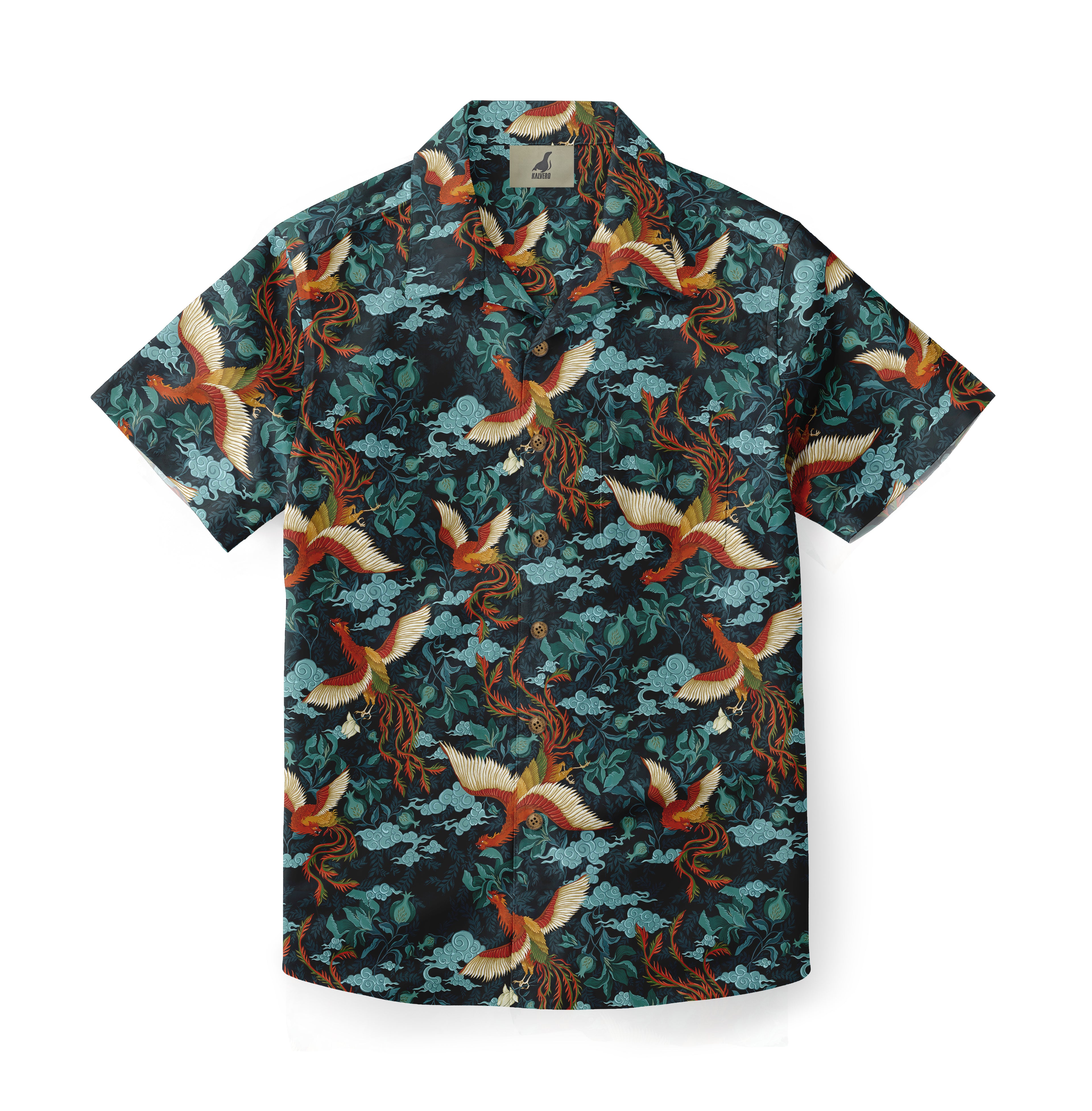 Dark blue shirt with vibrant phoenix and cloud pattern, short.