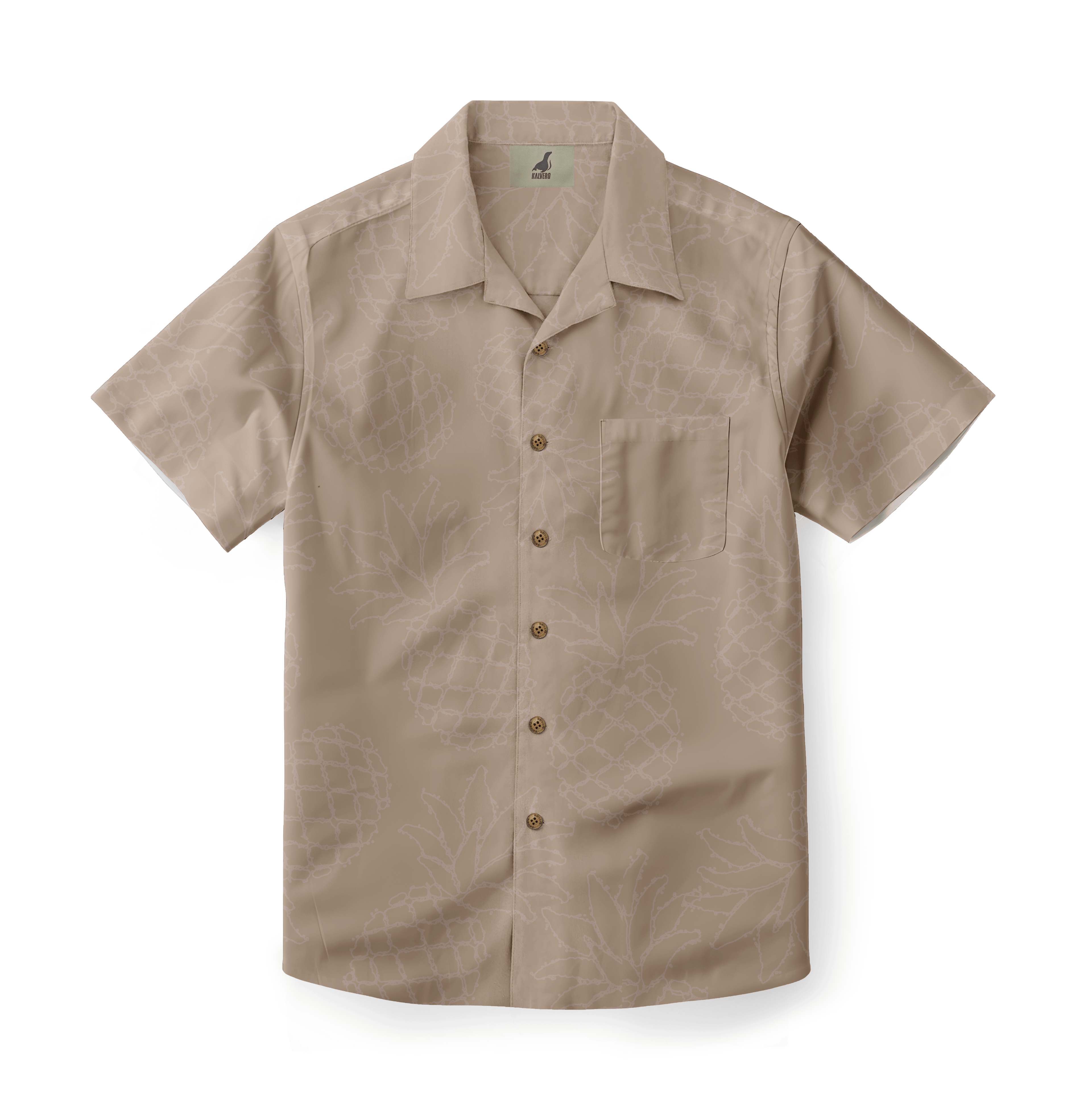 Beige short-sleeve shirt with pineapple pattern, button-down front.