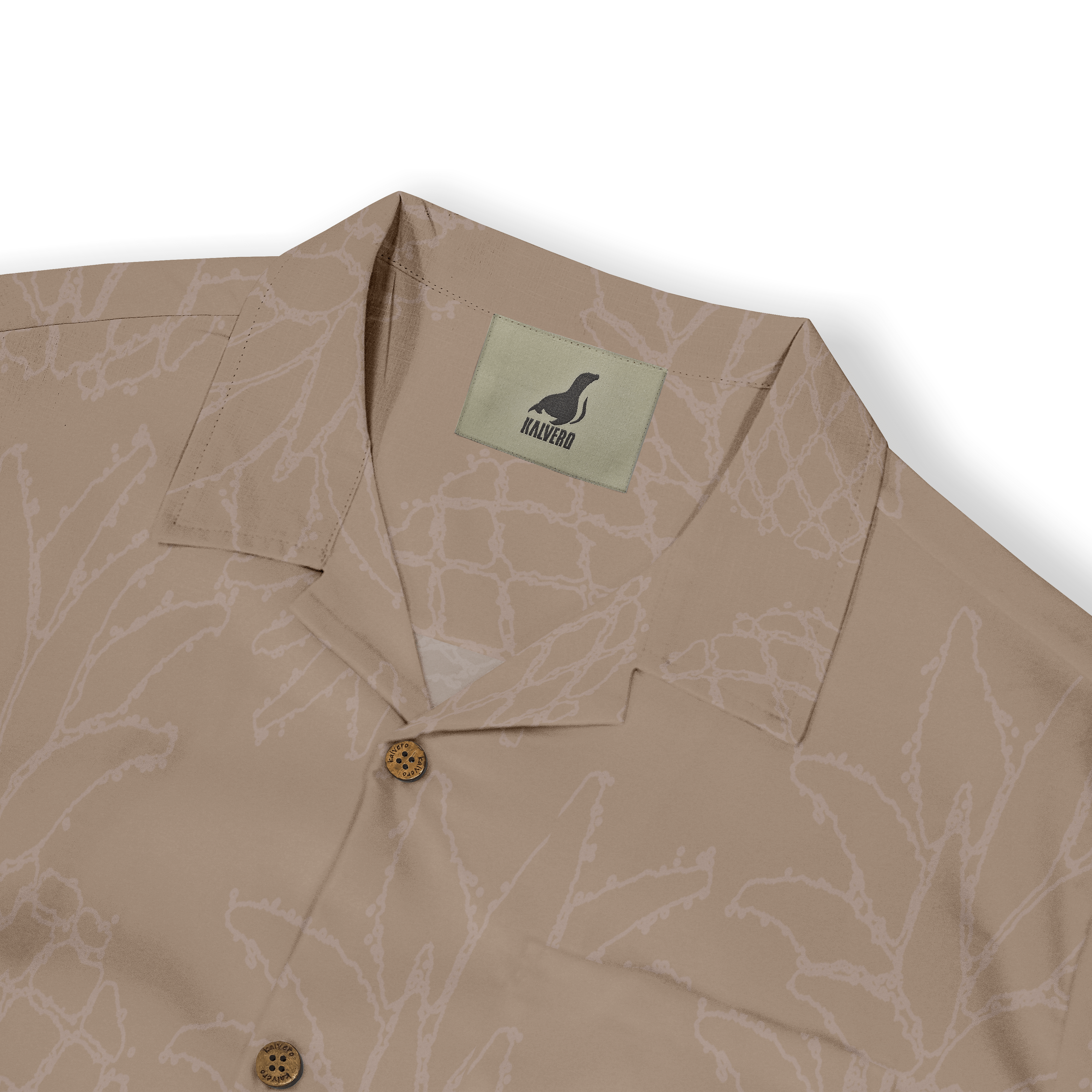 Beige shirt with subtle branch pattern, wooden buttons, and a brand.