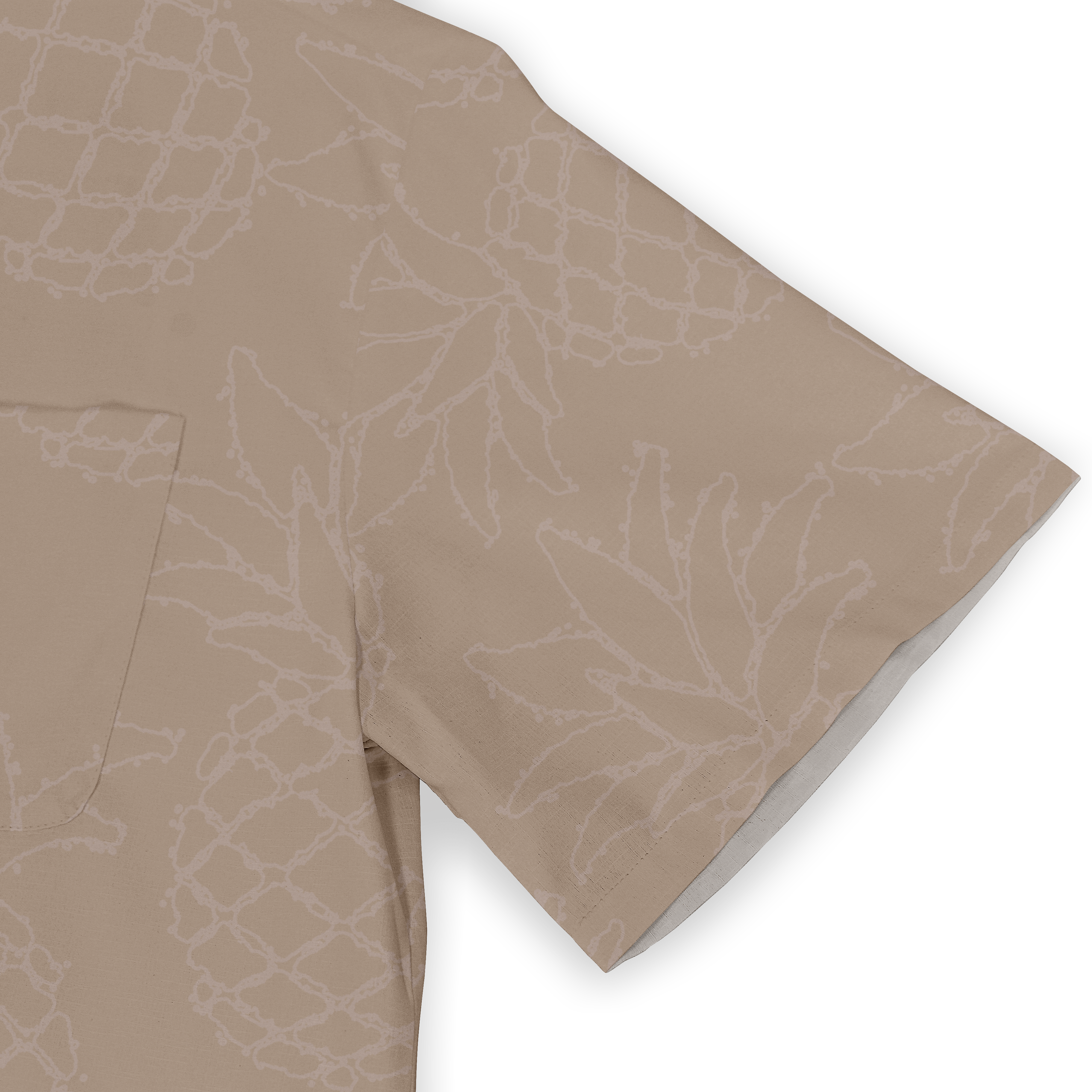 Beige short-sleeve shirt with subtle leaf and net pattern, featuring.