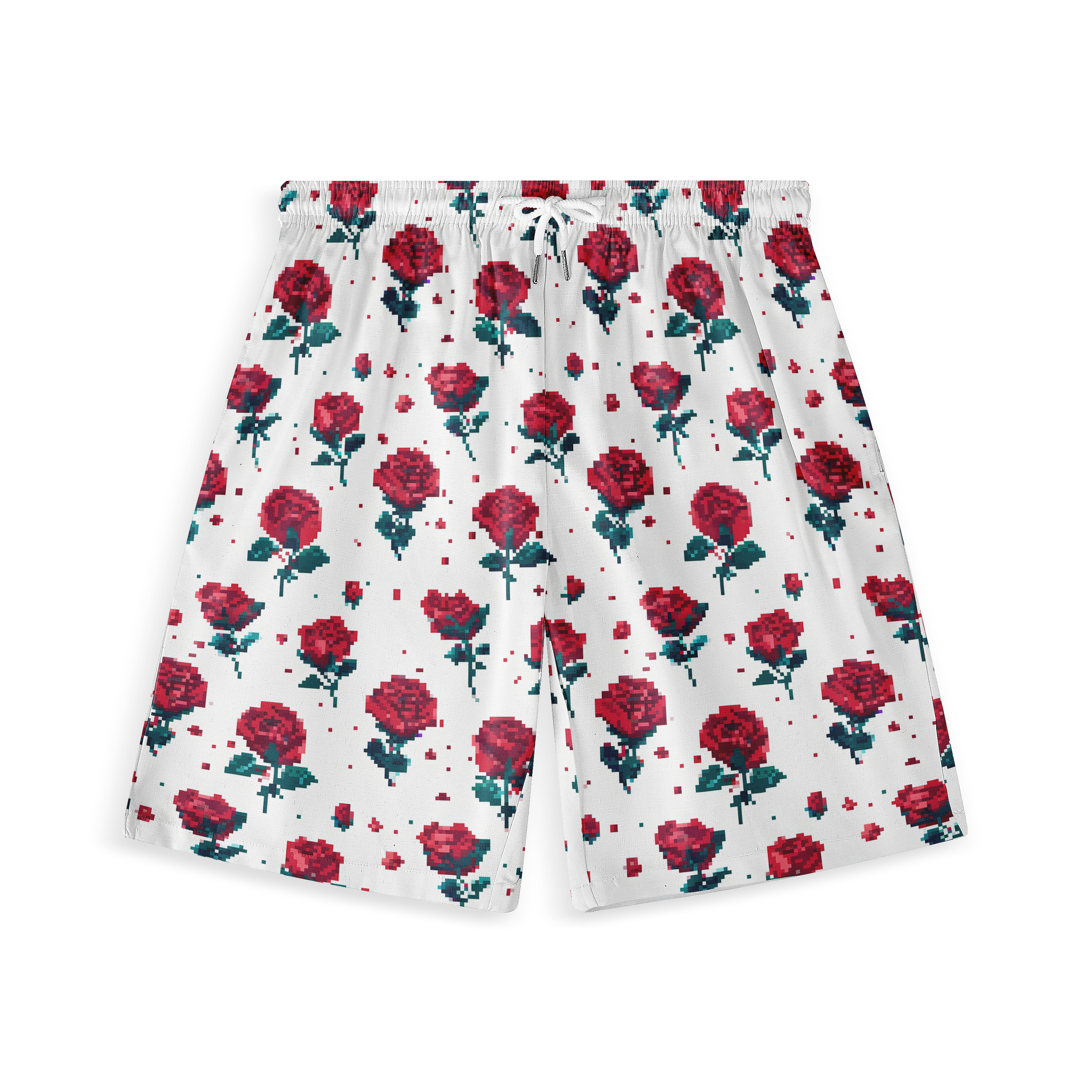 White shorts with red pixelated roses and green leaves, featuring.