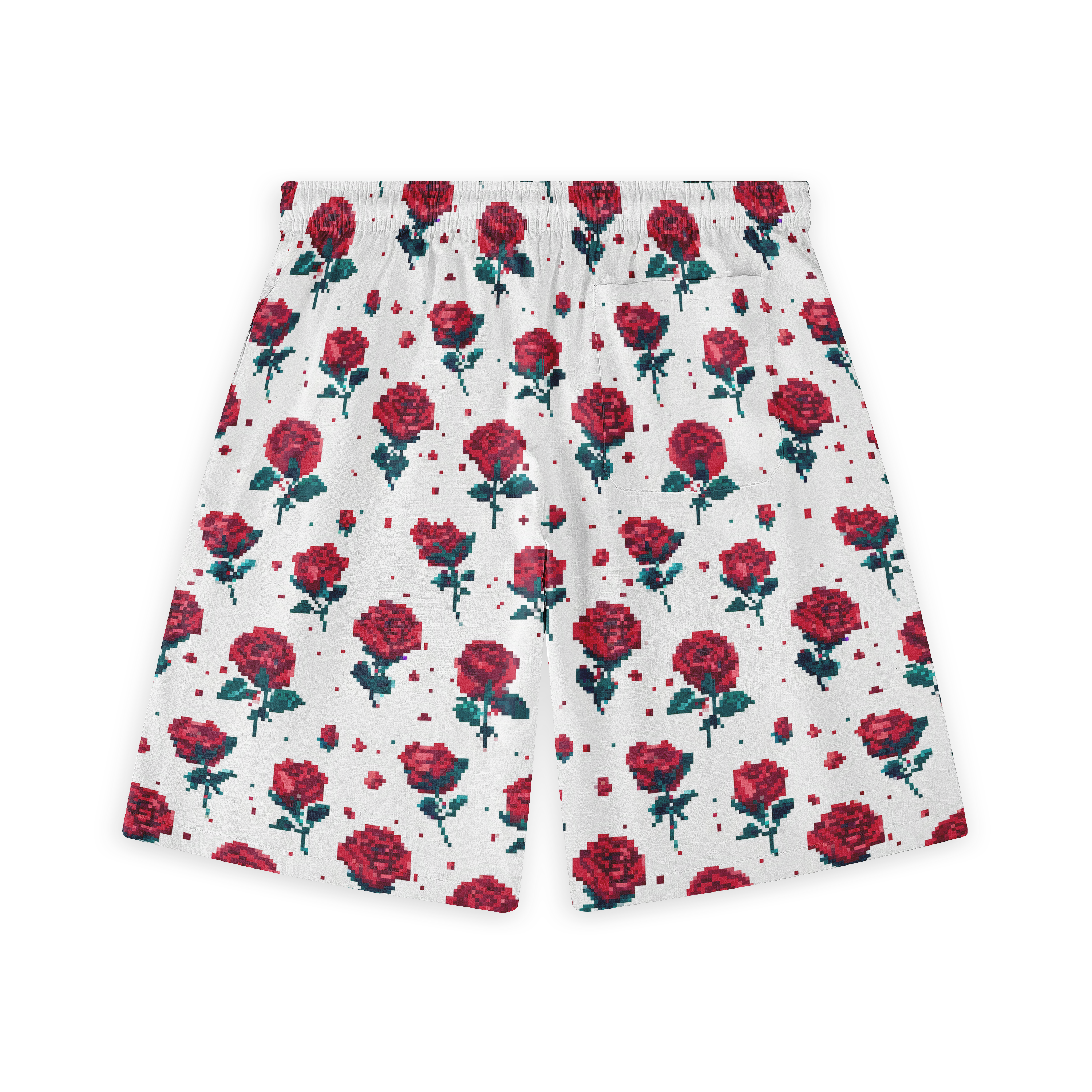 White shorts with red pixelated roses and green leaves on a white.
