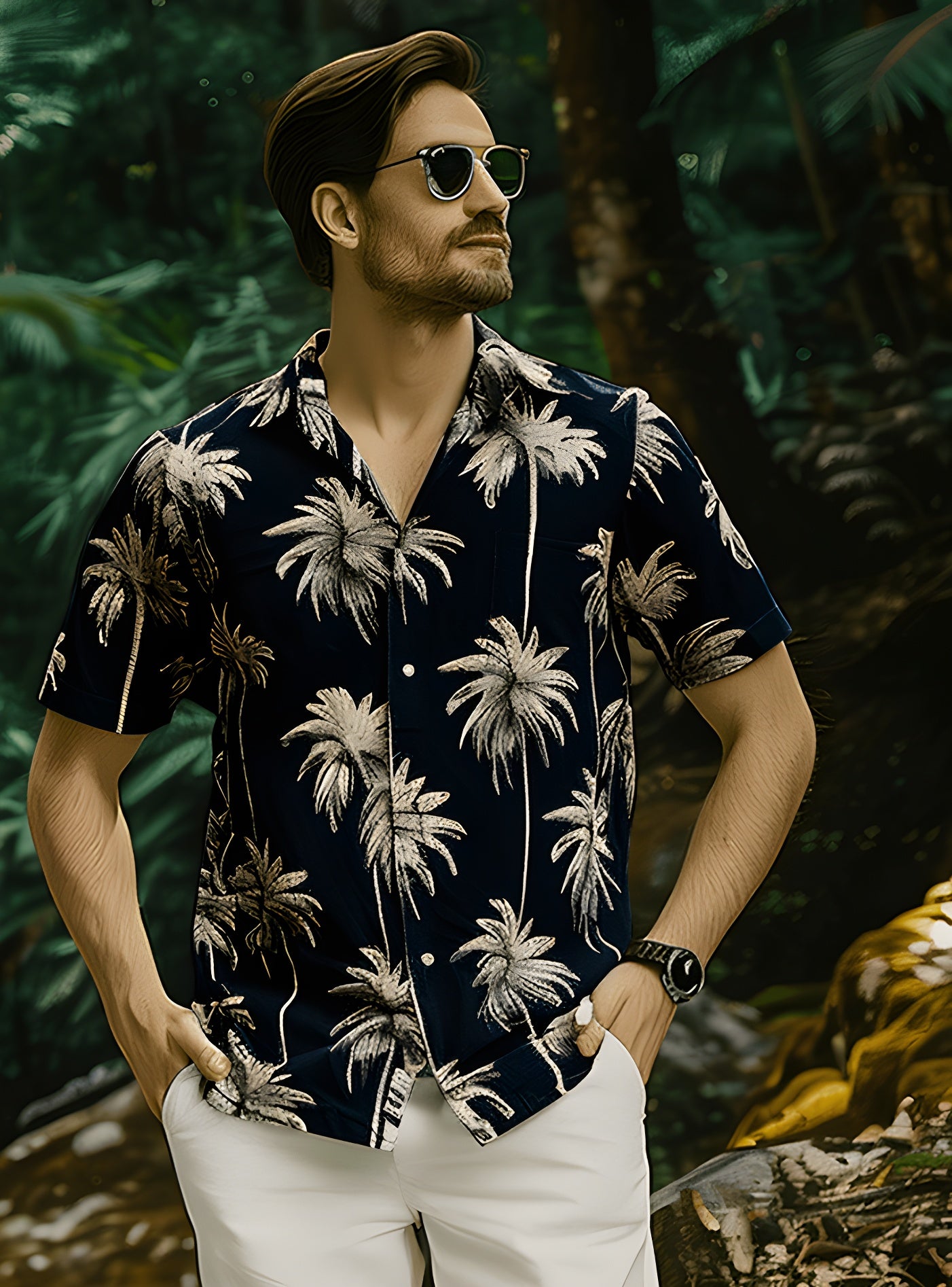 A men wearing hawaiian shirts which is coconuts tree in black background standing in the forest
