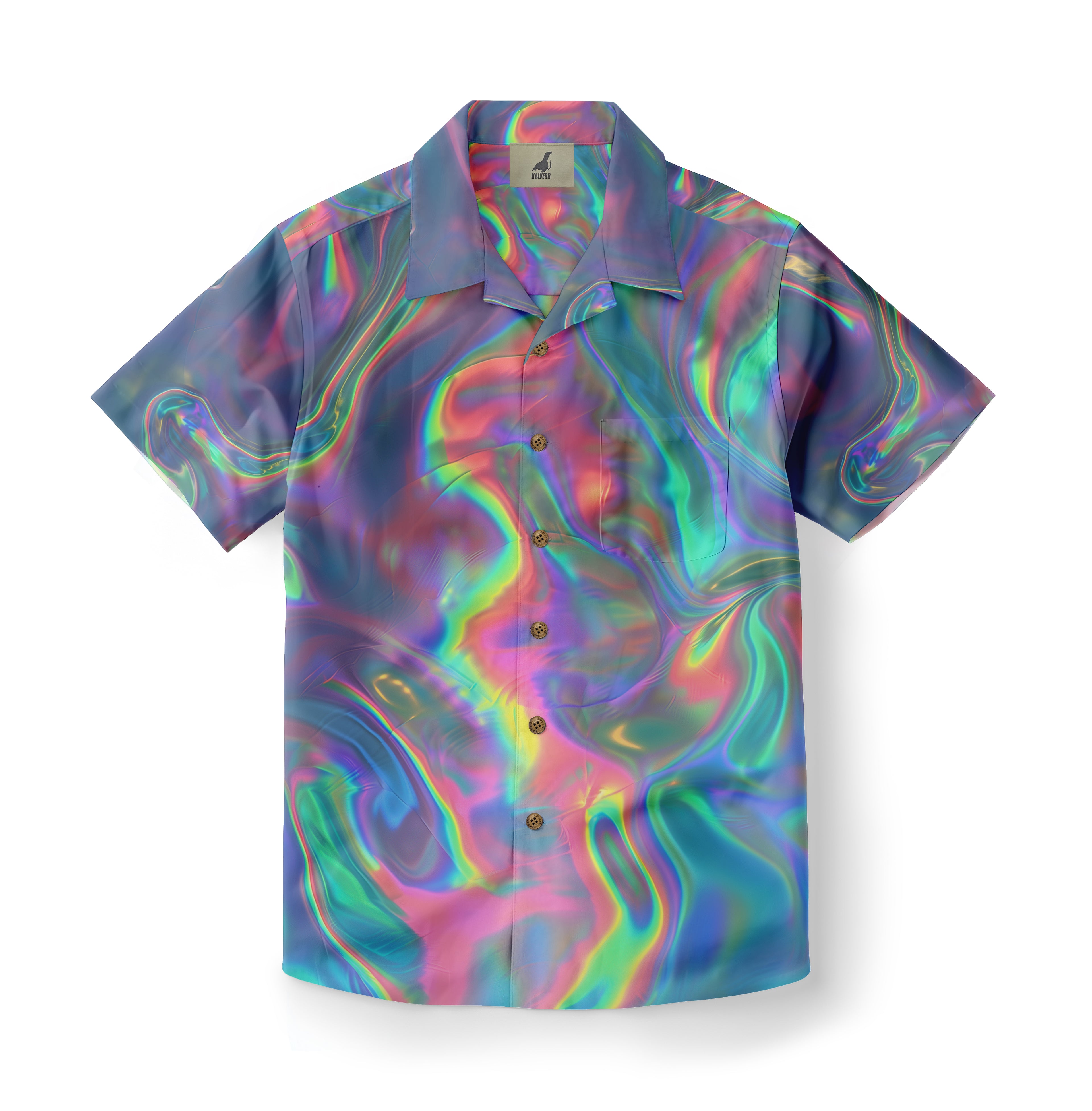 Vibrant, iridescent short-sleeve shirt with swirling rainbow pattern.