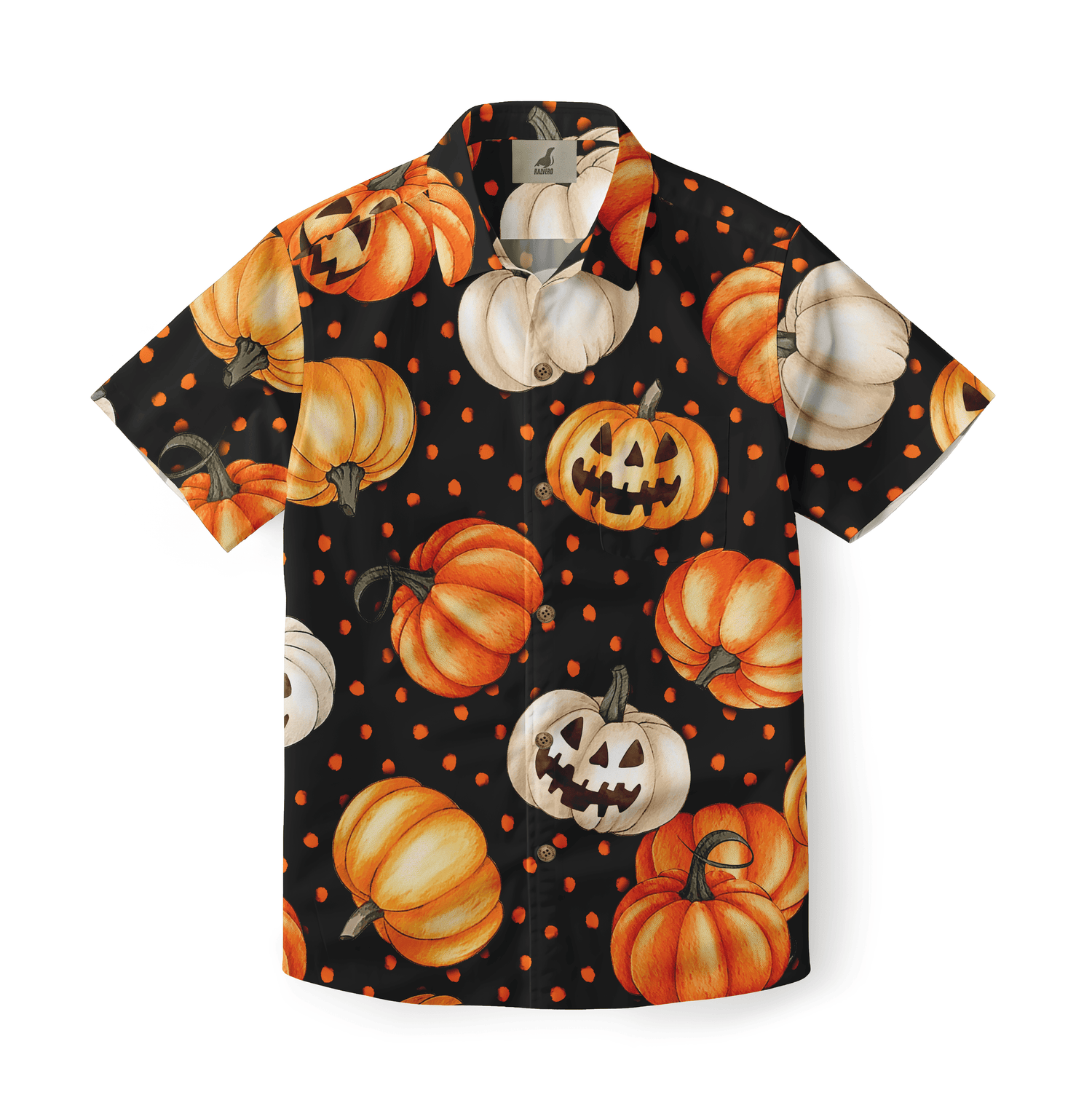 Black Hawaiian shirt with orange and white pumpkins.