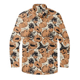 Halloween-themed shirt with pumpkin, ghost, and bat pattern.