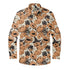 Halloween-themed shirt with pumpkin, ghost, and bat pattern.