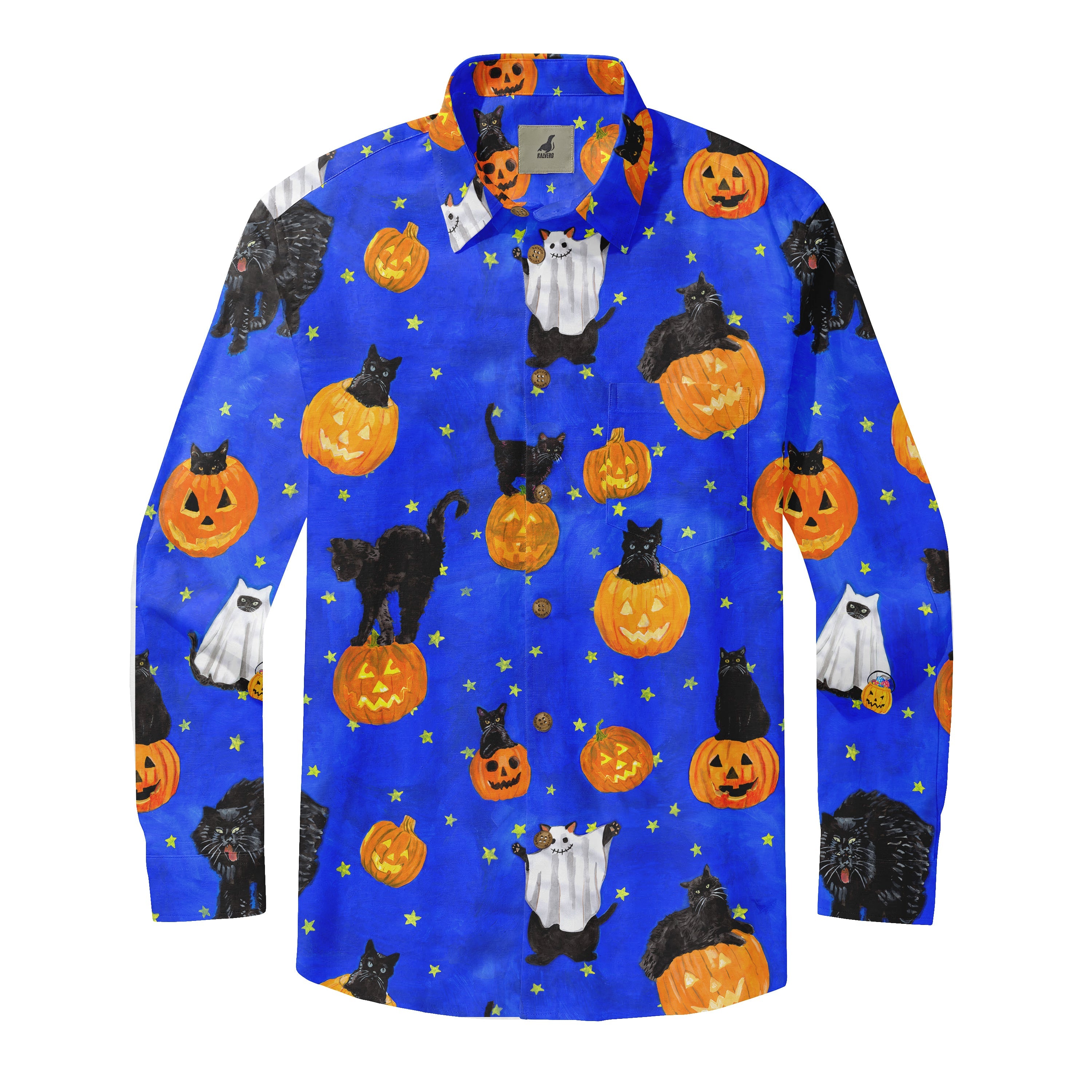 Blue Halloween shirt with black cats, pumpkins, ghosts, and stars.