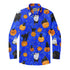 Blue Halloween shirt with black cats, pumpkins, ghosts, and stars.