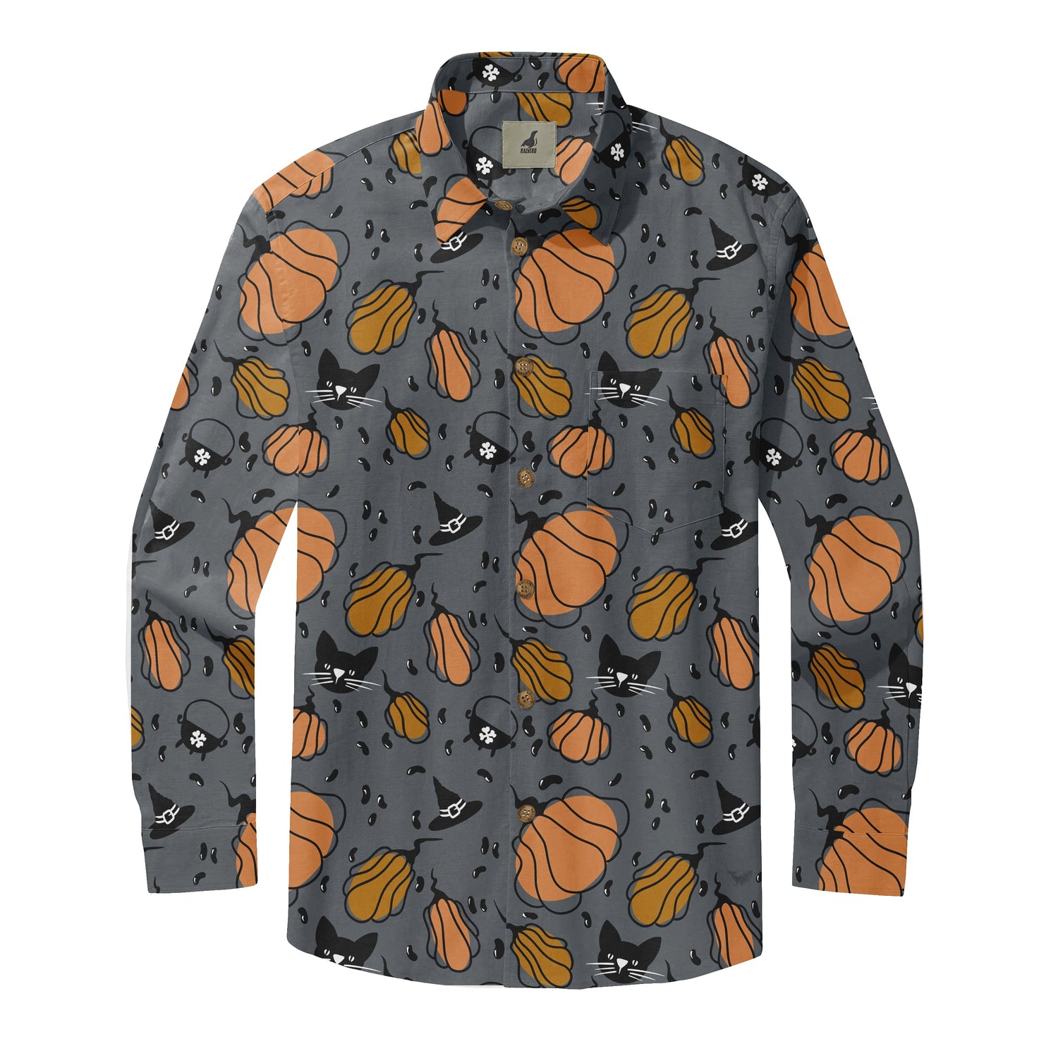 Gray shirt with orange pumpkins, black cats, and witch hats.