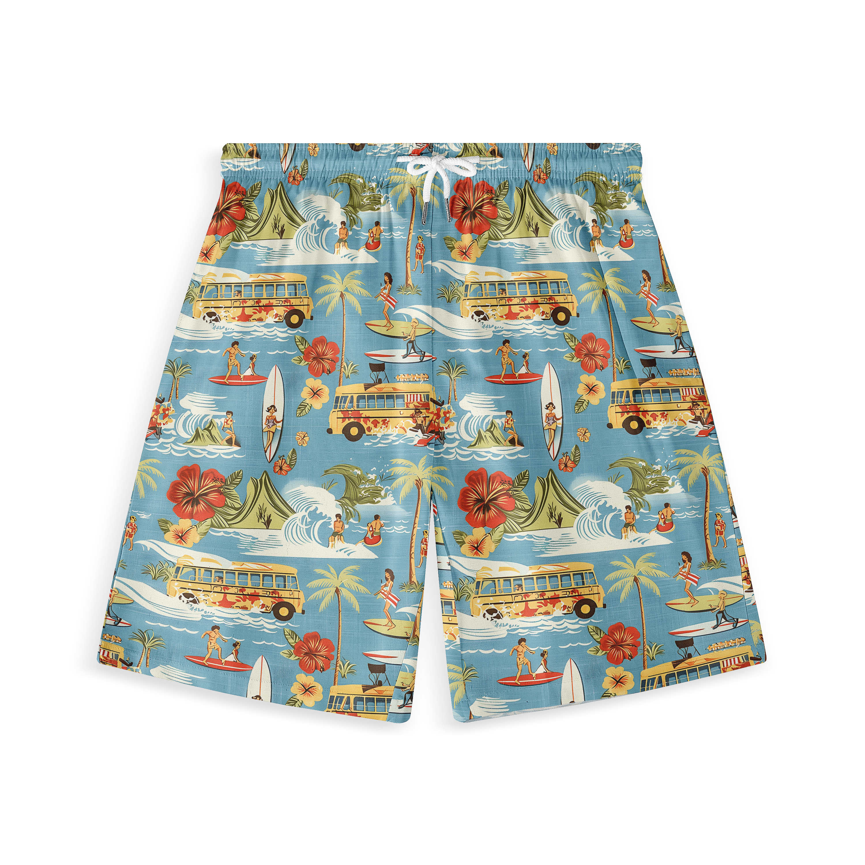 Tropical-themed swim shorts with vibrant surf, palm trees.