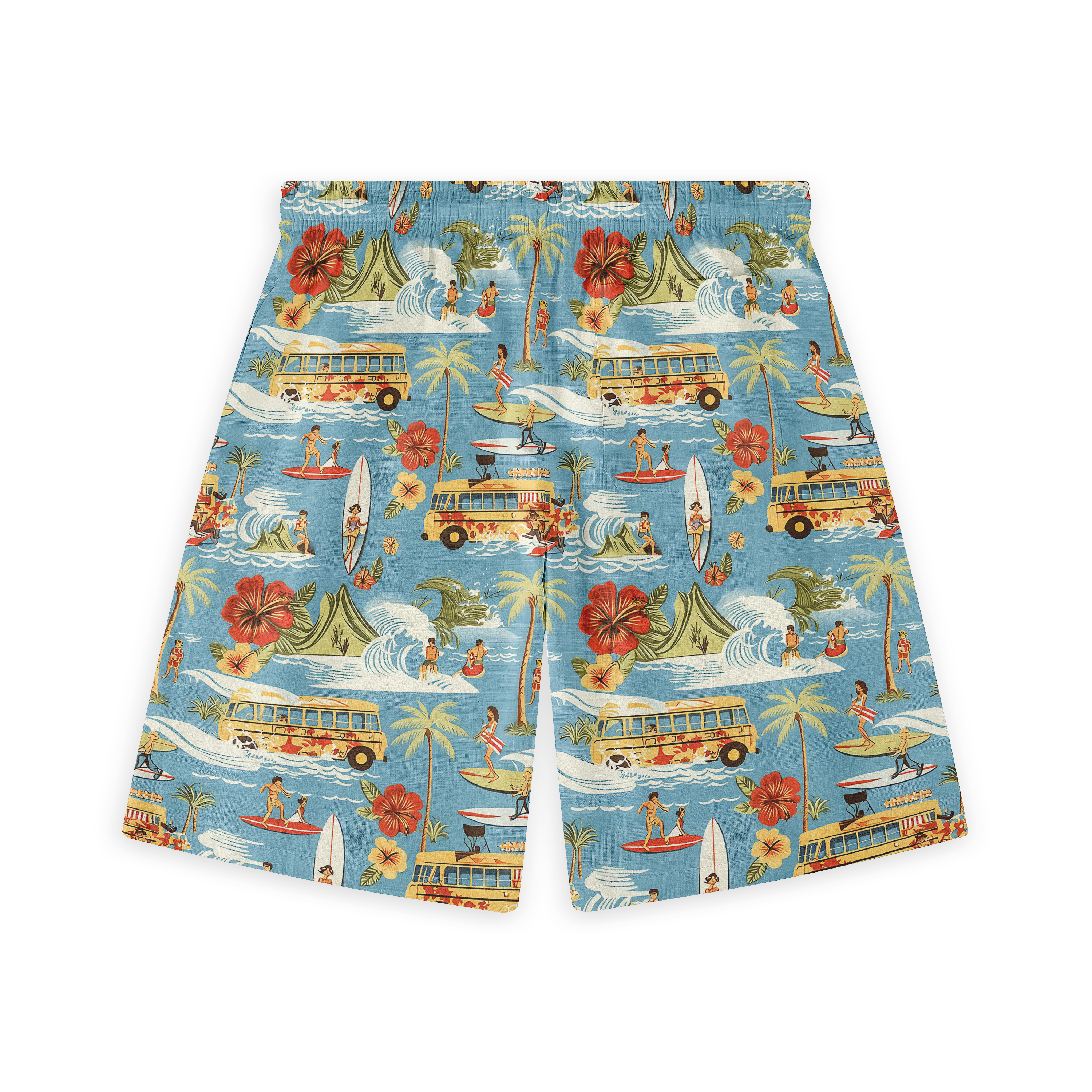 Blue swim shorts with tropical print featuring surfers, palm trees.
