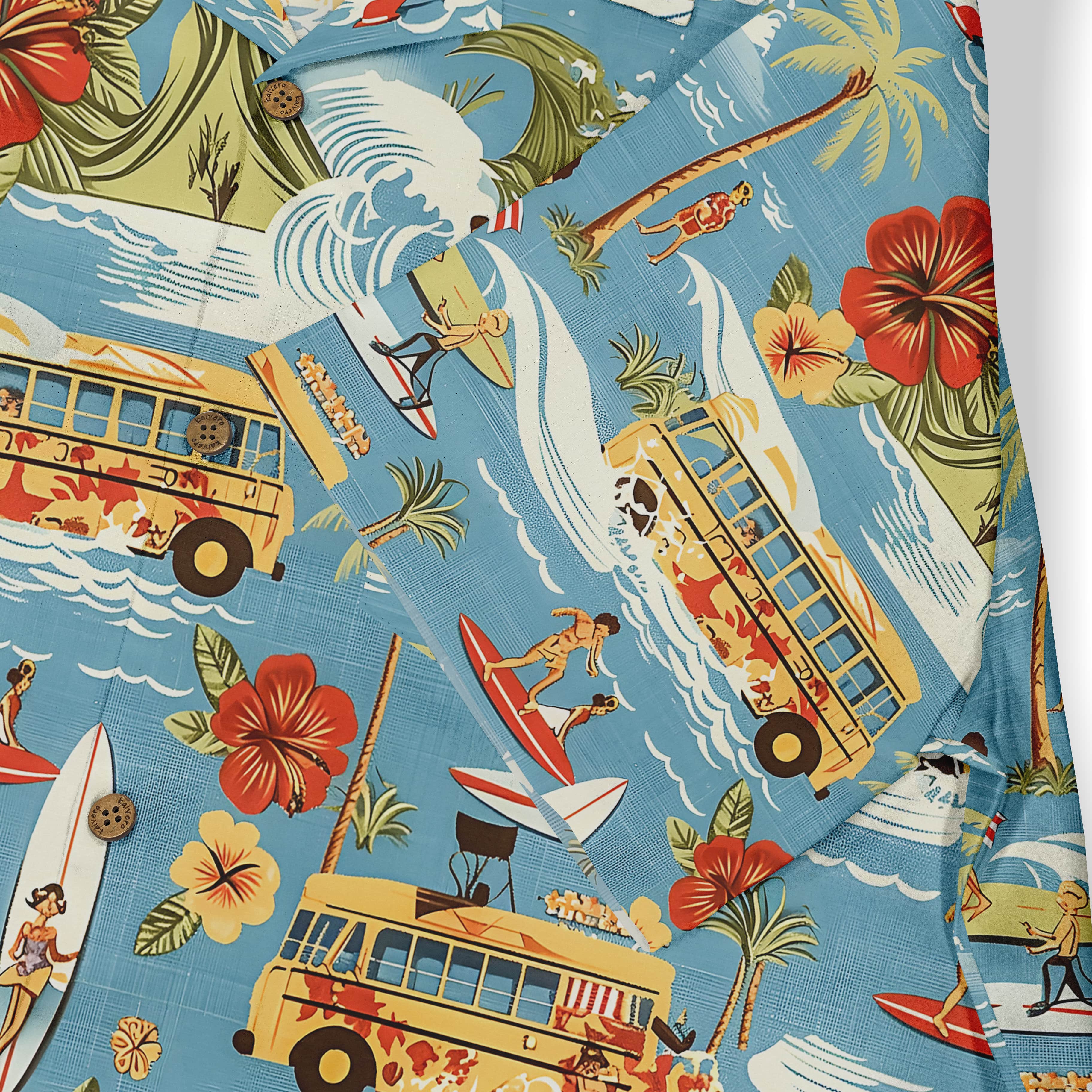 Hawaiian shirt with surfers, buses, flowers, and waves design.