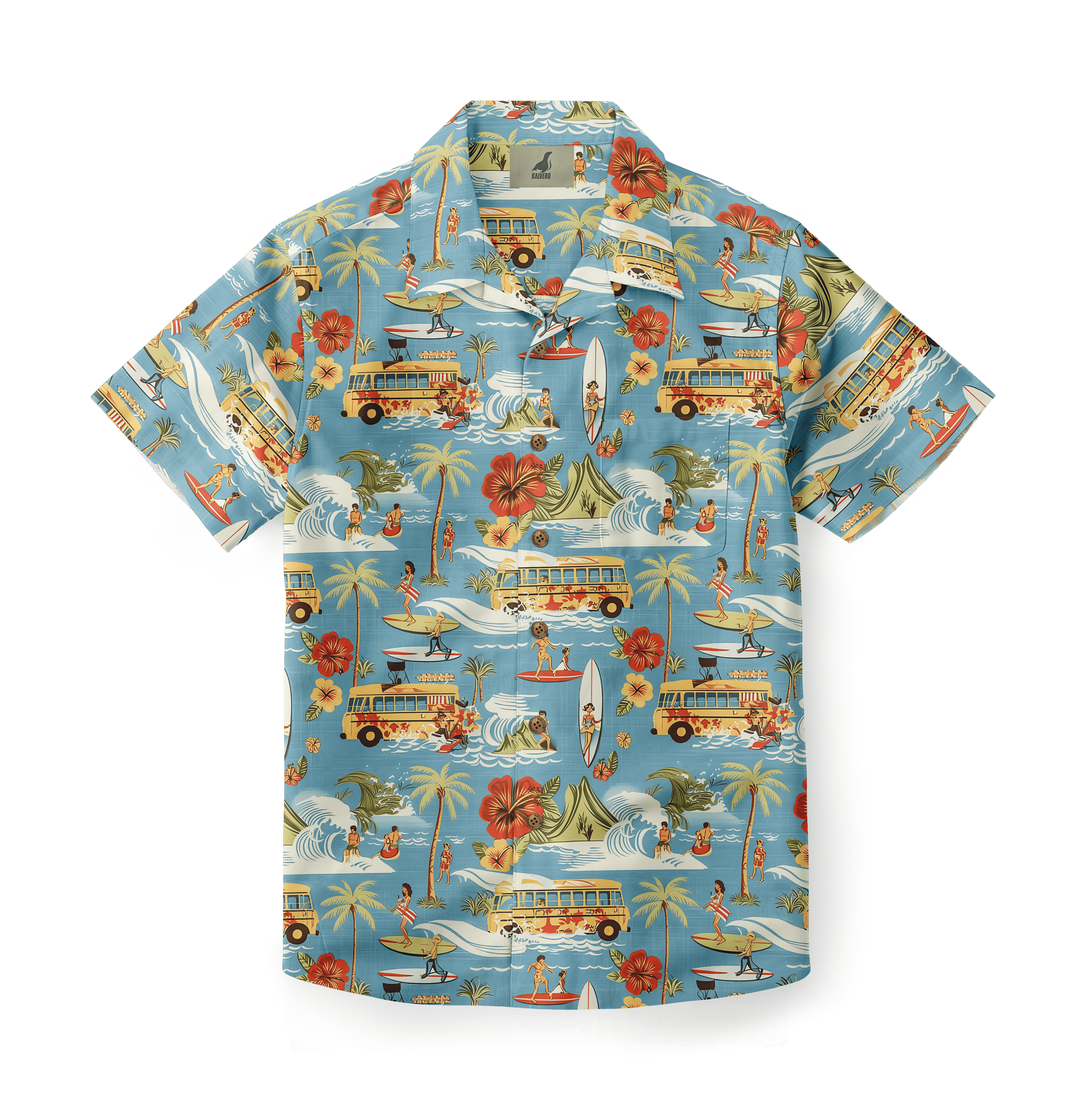 Blue Hawaiian shirt with surfers, buses, palms, and flowers.