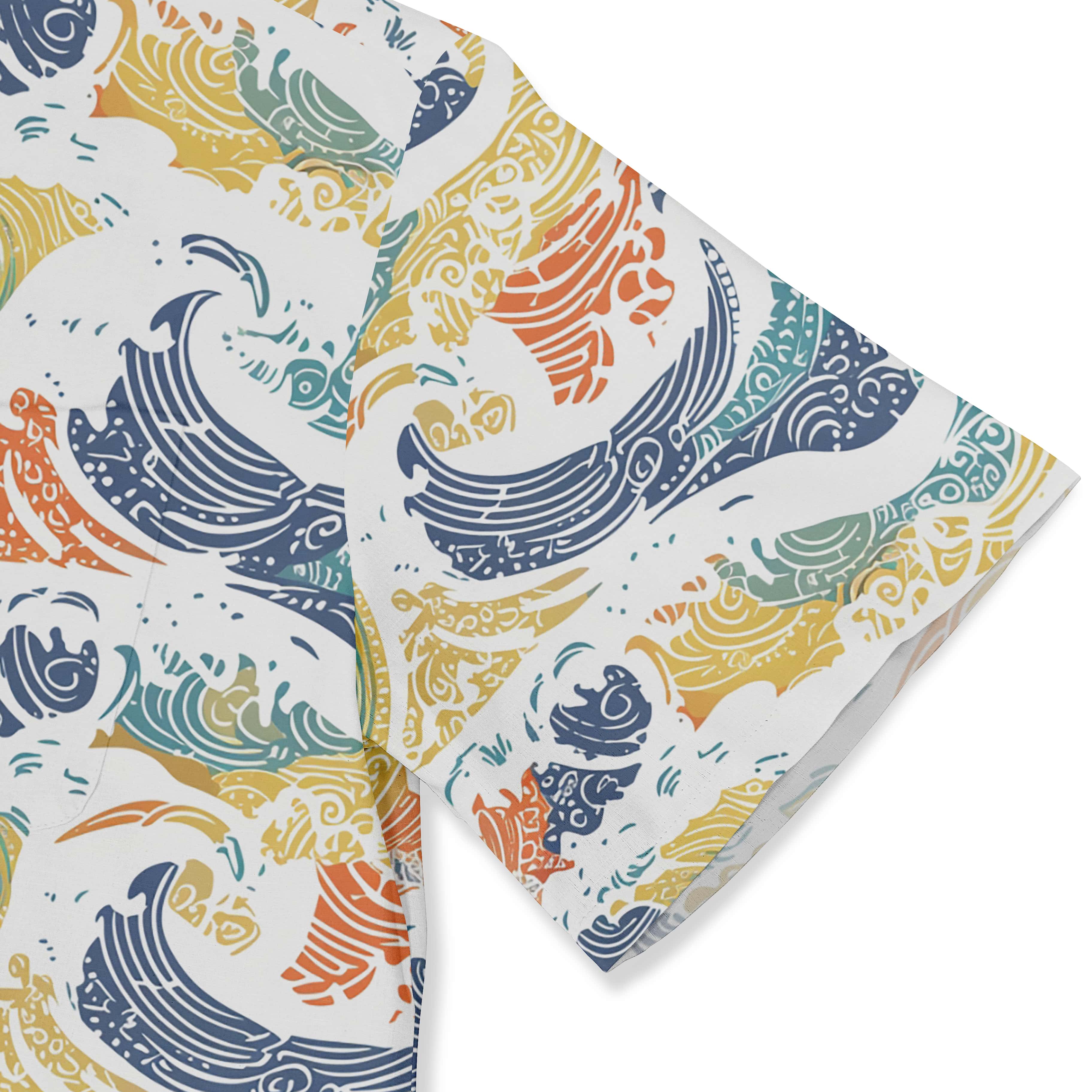 Detailed wave designs in multiple hues bring a lively, oceanic theme to this shirt.