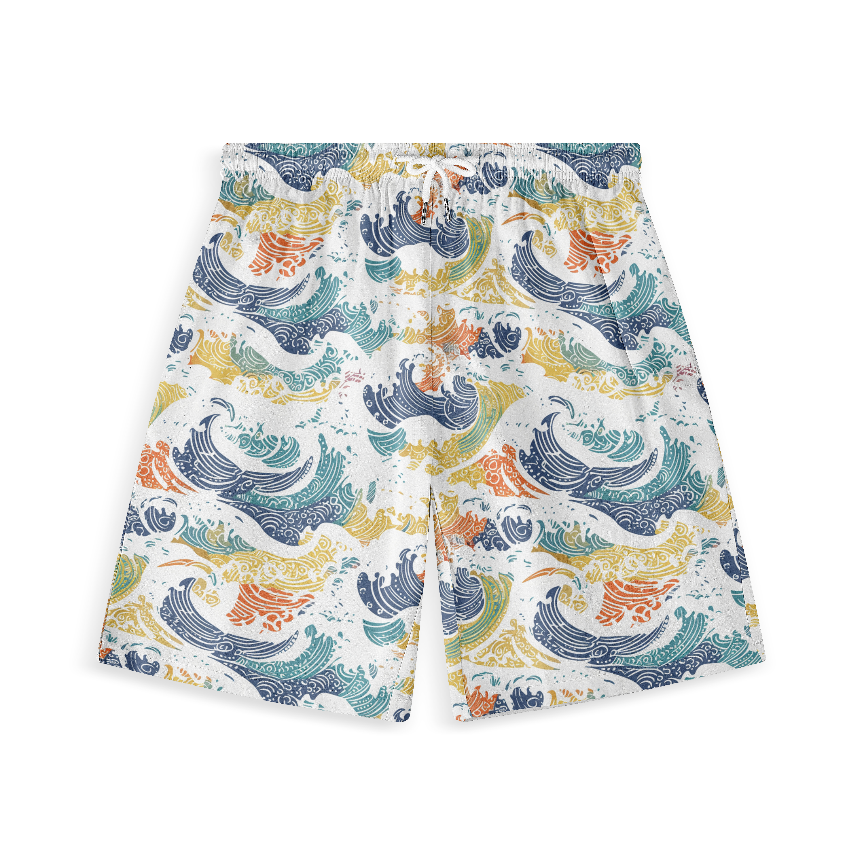 Colorful wave-patterned shorts with drawstring waist.