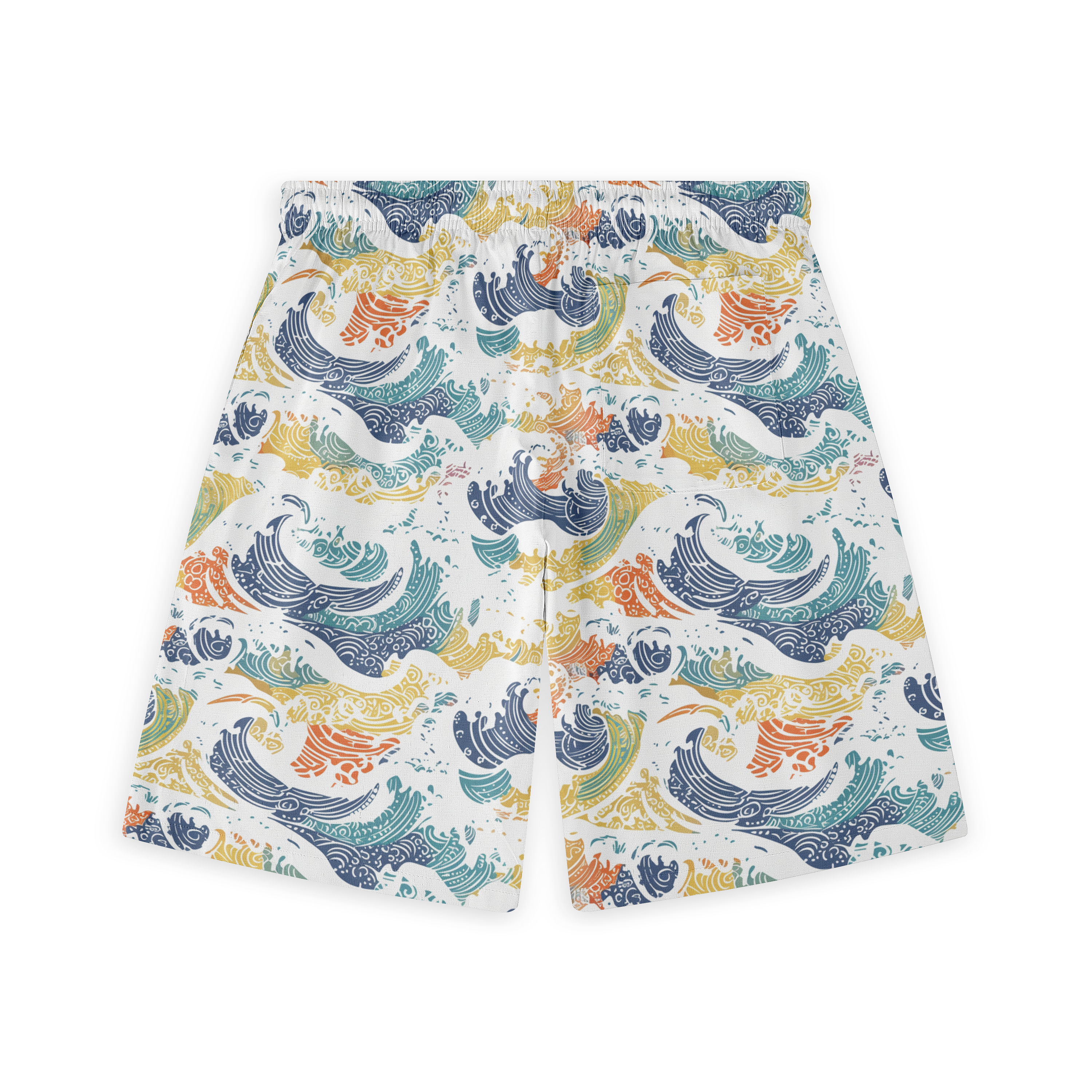 Colorful wave-patterned shorts with blue, yellow, and orange designs.