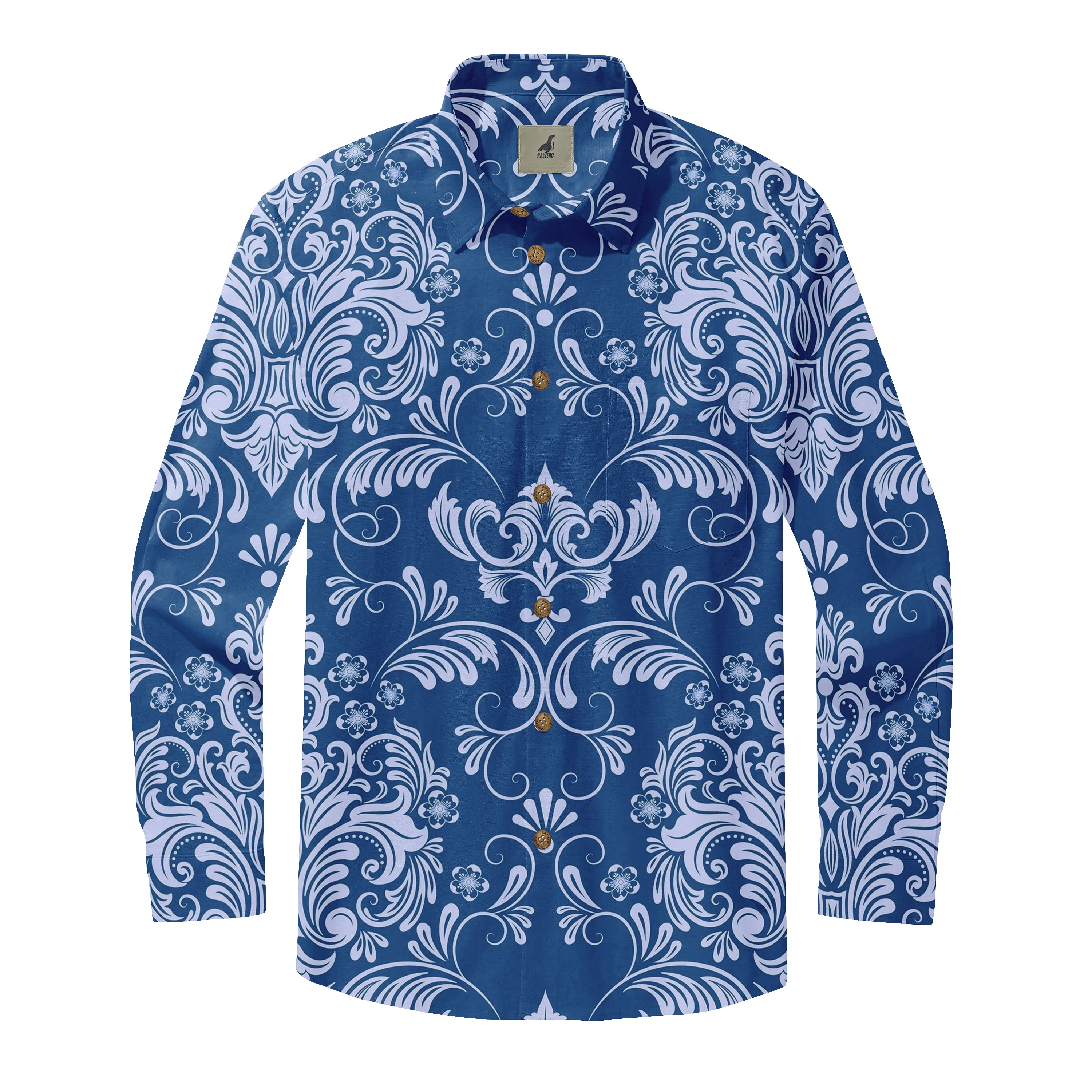 Blue White Floral Long Sleeve Hawaiian Shirt