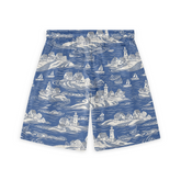 Blue swim shorts with white coastal scene pattern featuring.