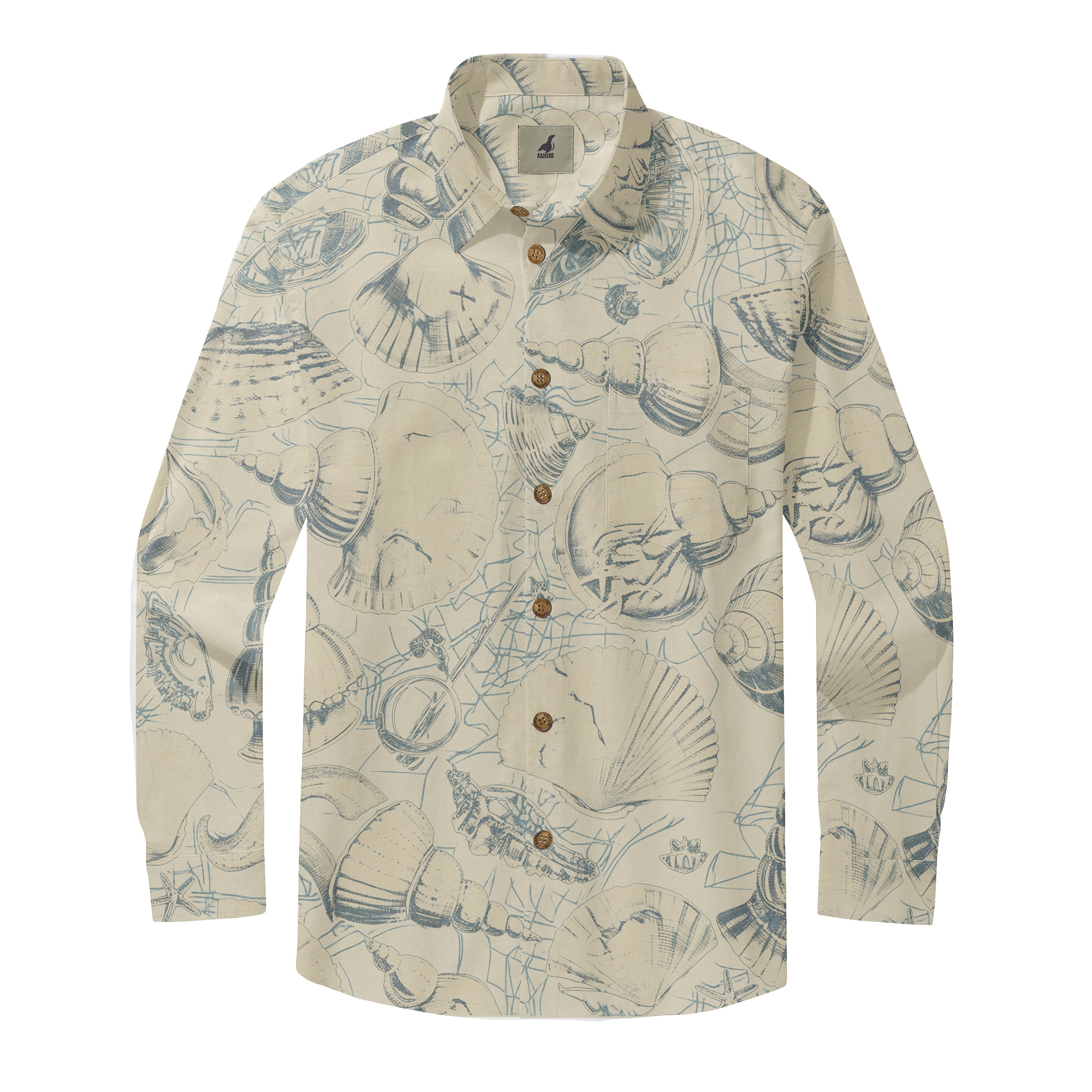 Beige long-sleeve shirt with blue seashell print and wooden buttons.