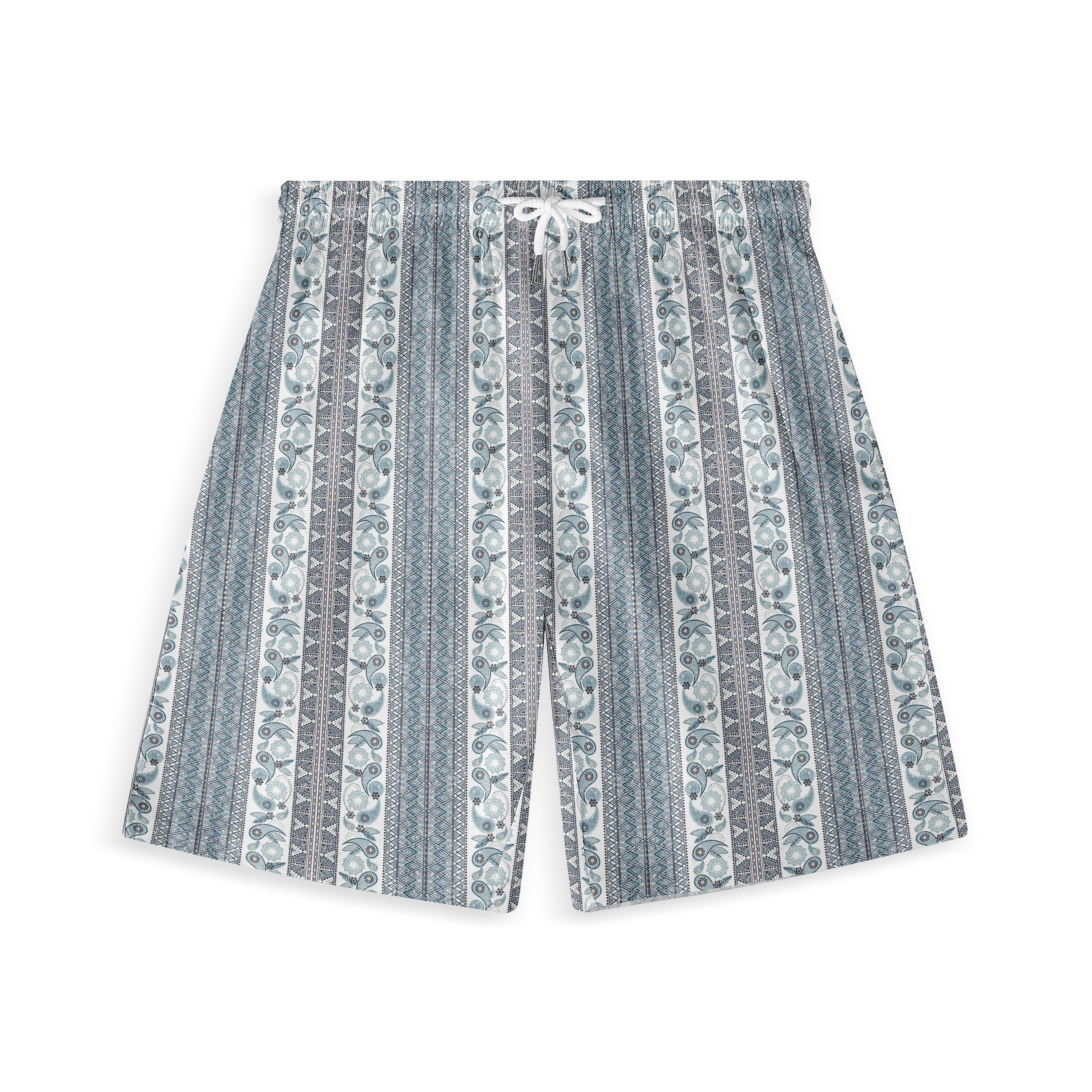 Blue and white patterned shorts with vertical stripes and paisley.
