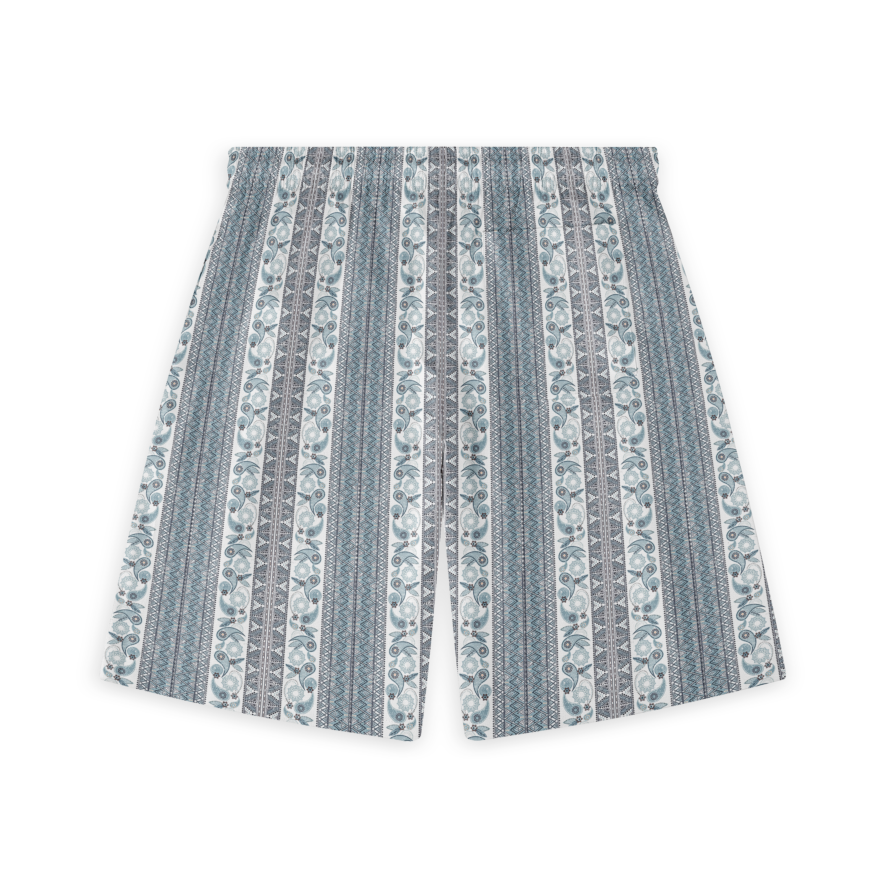 Blue and white patterned shorts with vertical stripes and floral.