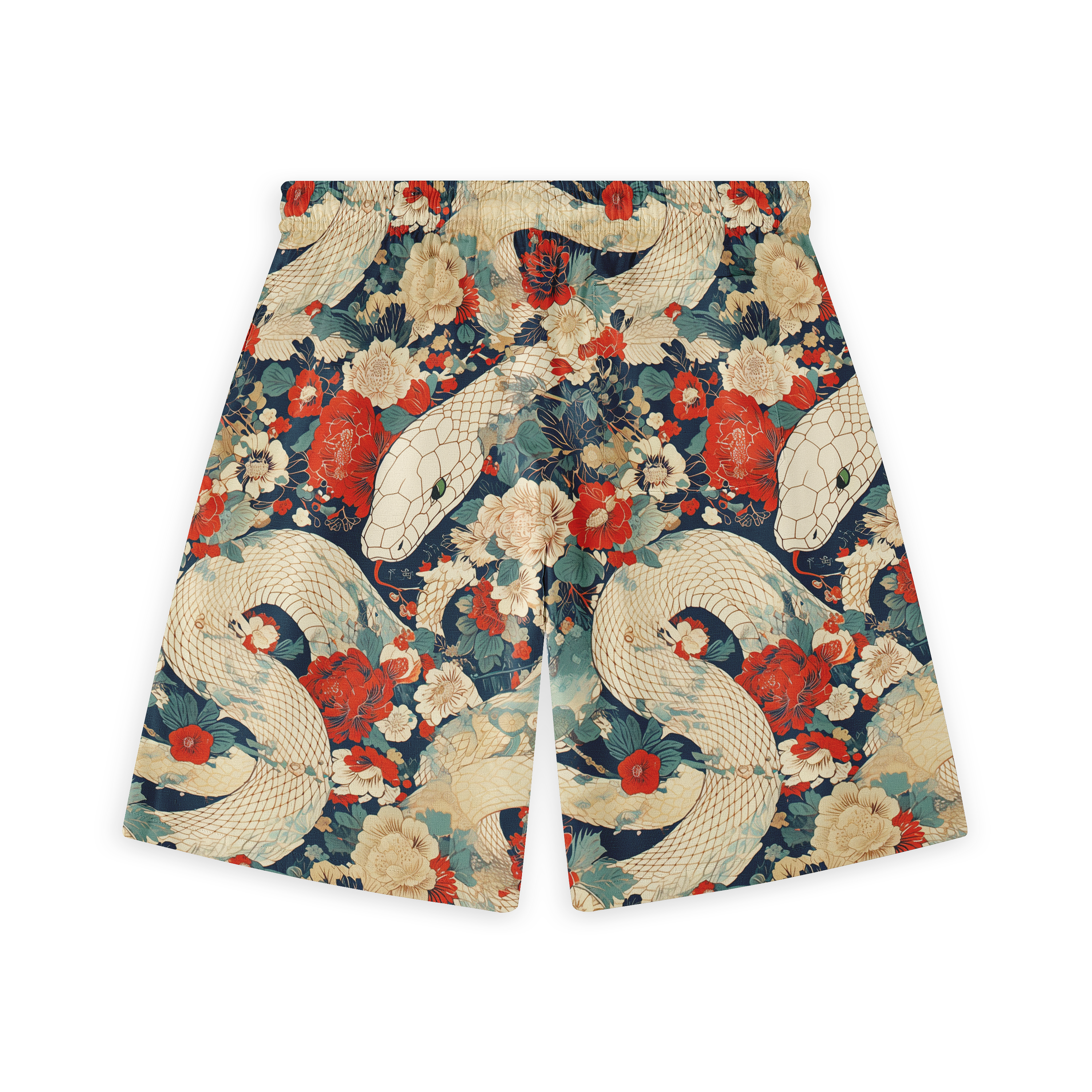 Floral and snake patterned shorts with vibrant red, beige, and navy.