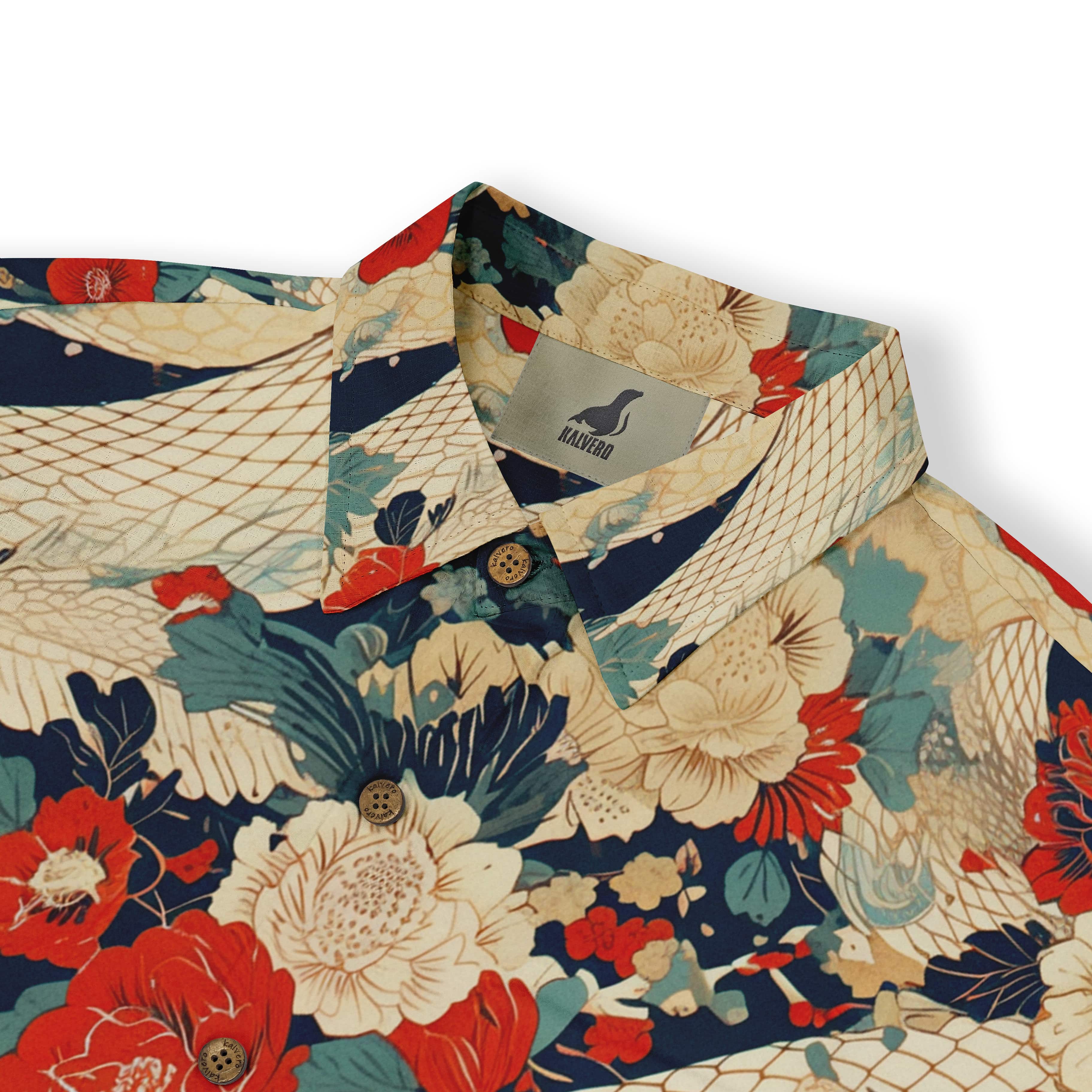 Colorful floral shirt with mesh design and brand tag.