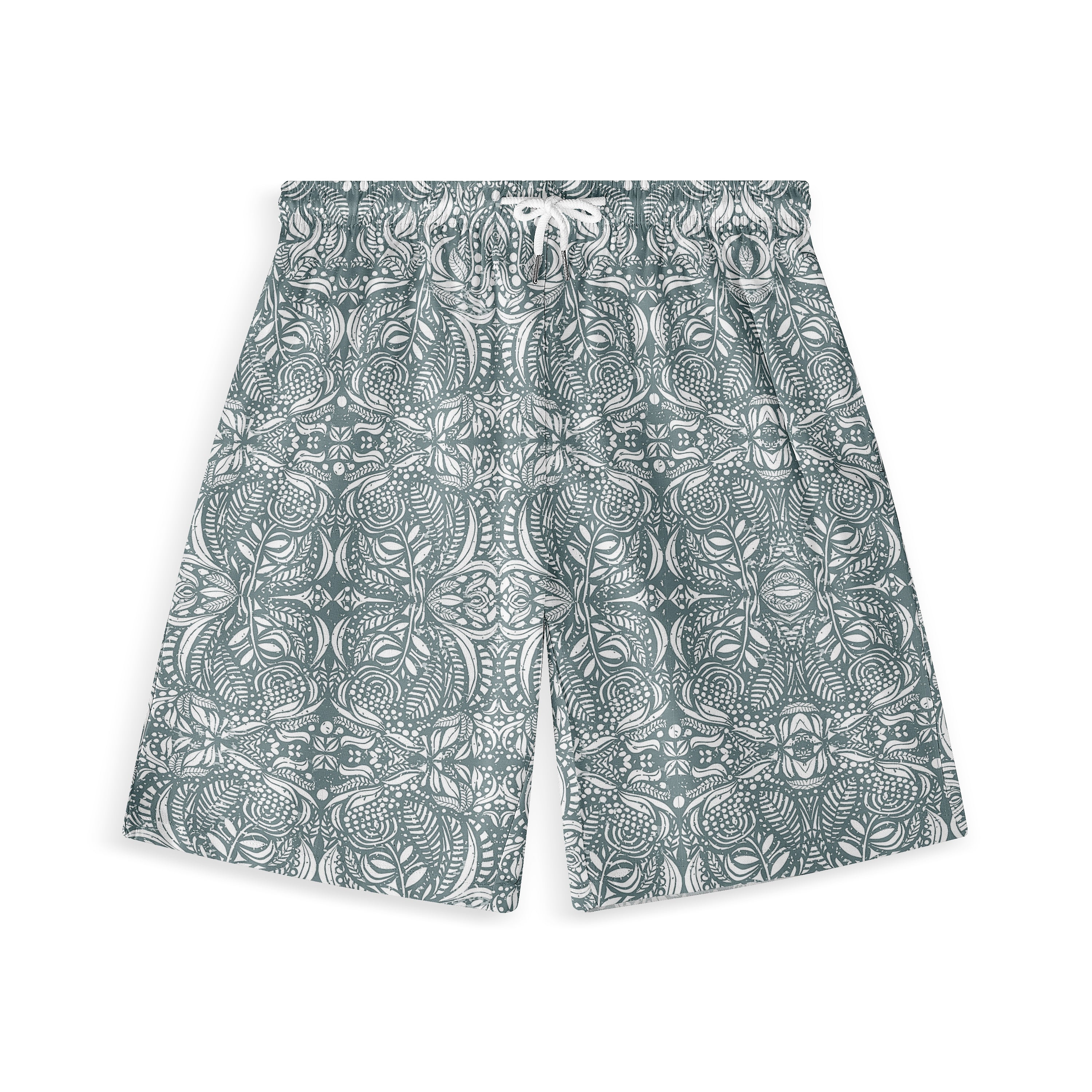 Patterned swim shorts with intricate white floral design on a teal.