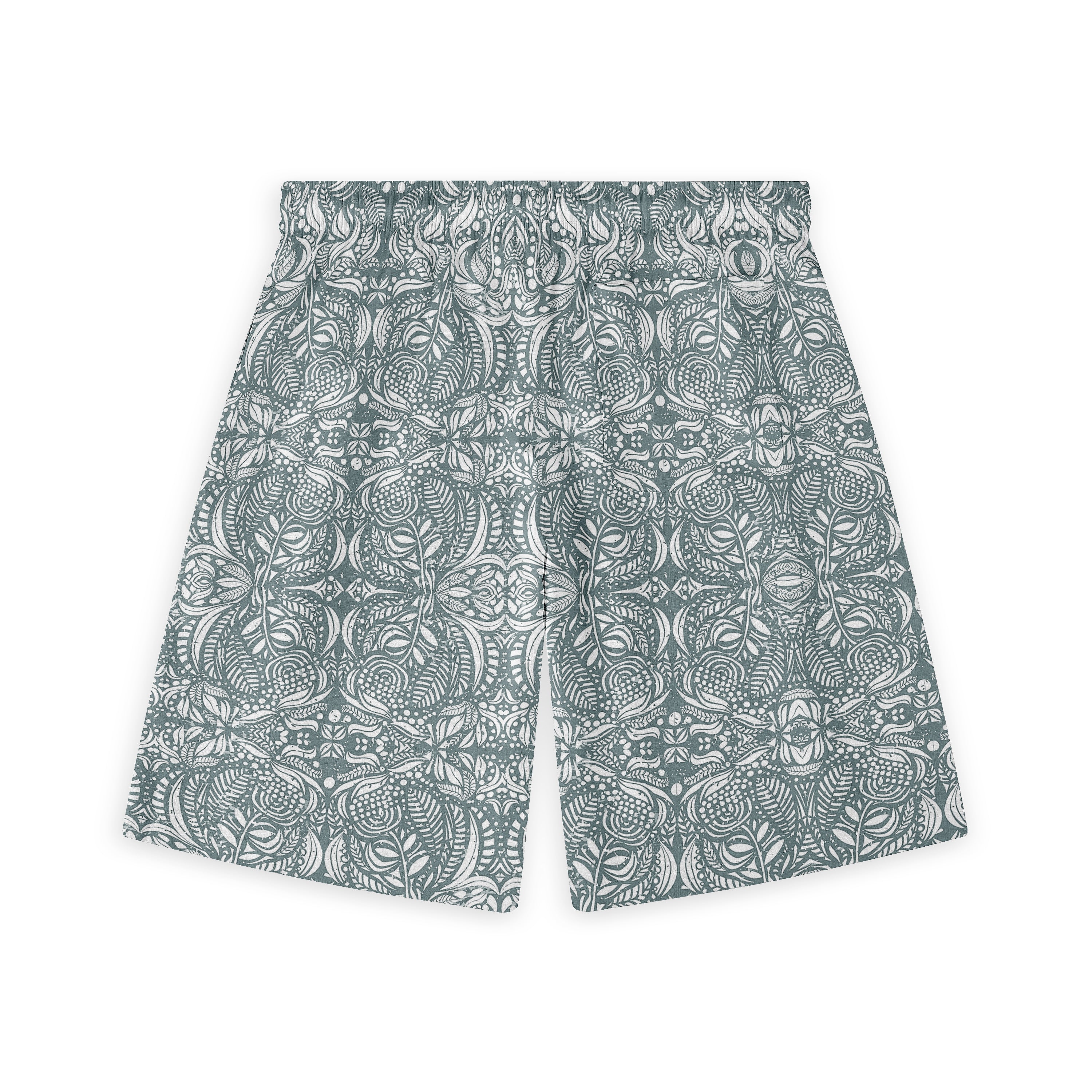 Patterned shorts with intricate floral design in blue and white.